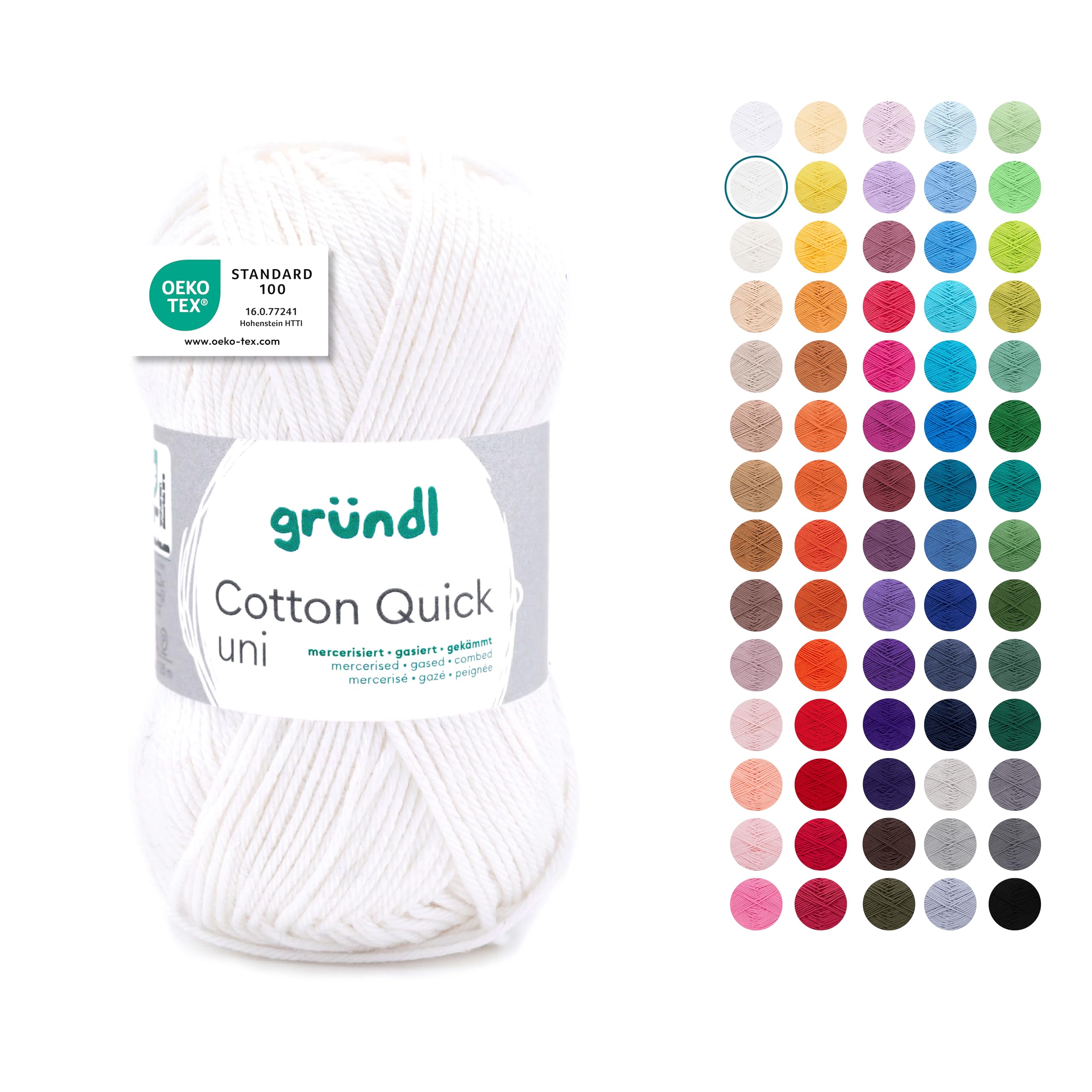 Gros plan sur la texture soyeuse et la finition brillante du fil Gründl Laine Cotton Quick Uni dans sa teinte crème.