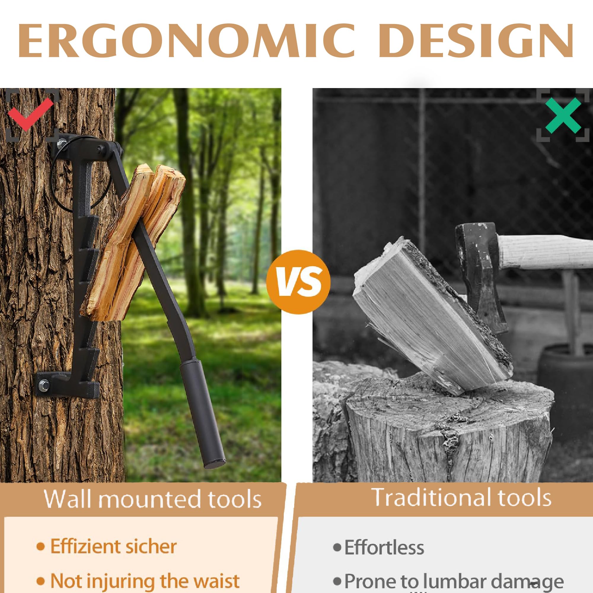 Maquina Manual Cortar Leña - Madera Troncos Partidor Separador Montado en la Pared Madera Splitter Leña y piedra de afilar para Chimenea Fogata Jardín Camping