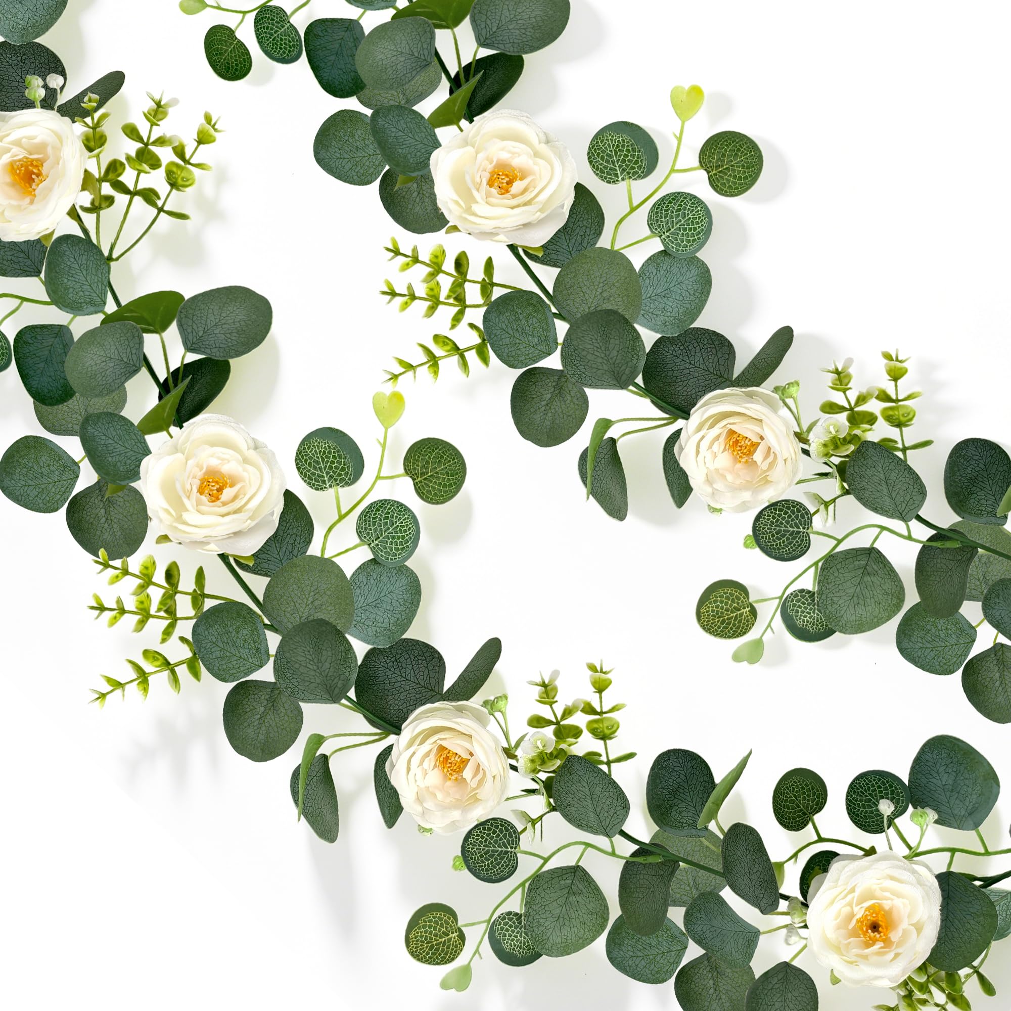 ROLLWAY 2 Stück Eukalyptus Girlande, Künstliche Girlande Pflanze 1,8m Hängend Grüne Blätter Deko mit Weiße Blumen Silberdollar Eukalyptusranke für Hintergrund Hochzeit Bogen