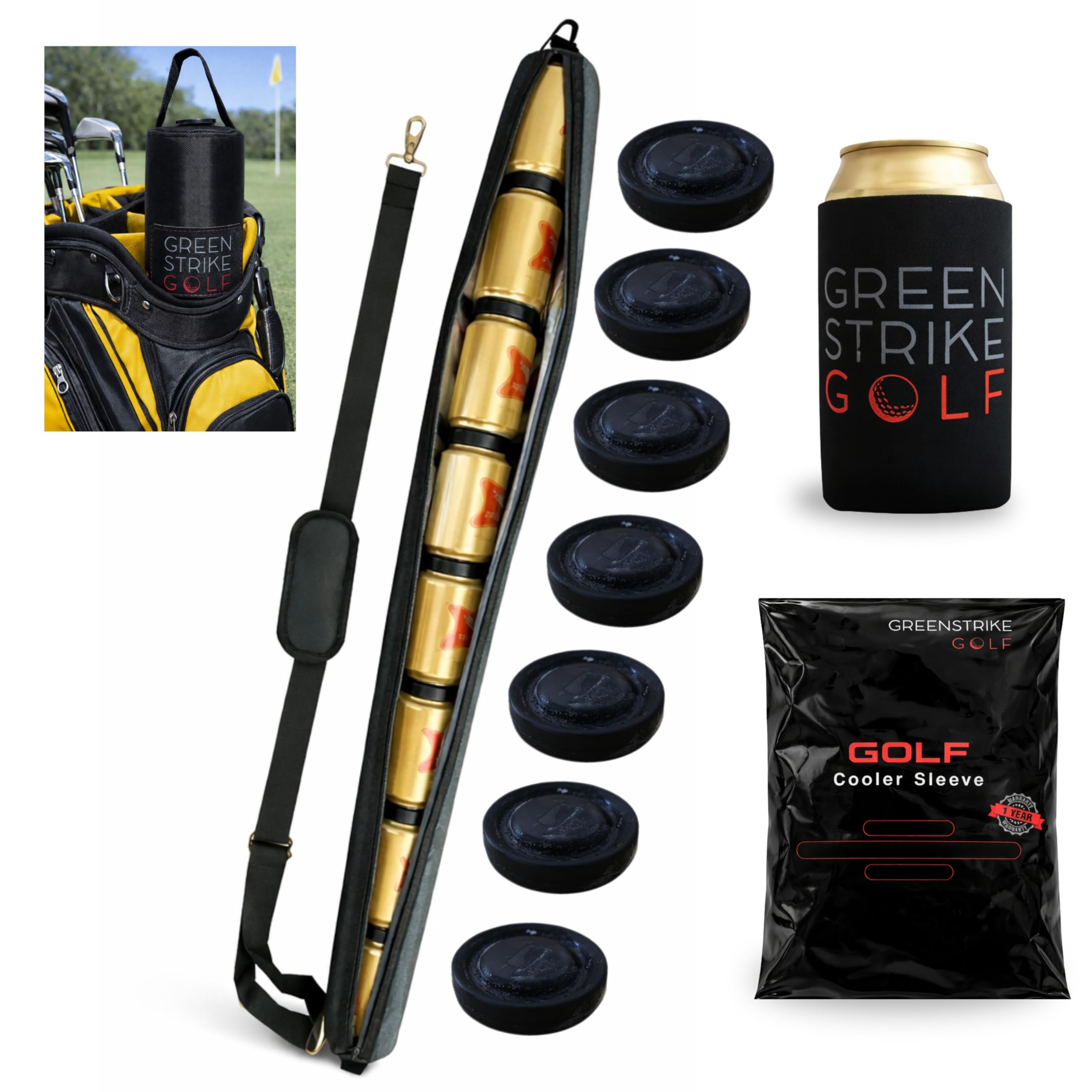 Premium Golf Bag Beer Sleeve - Capacity: 9 Cans - 360 Degrees Insulated Golf Cooler That Fits in a Golf Bag - Including 7 Stay-Cold Coasters + Neoprene Can Sleeve for Discreet Drinking