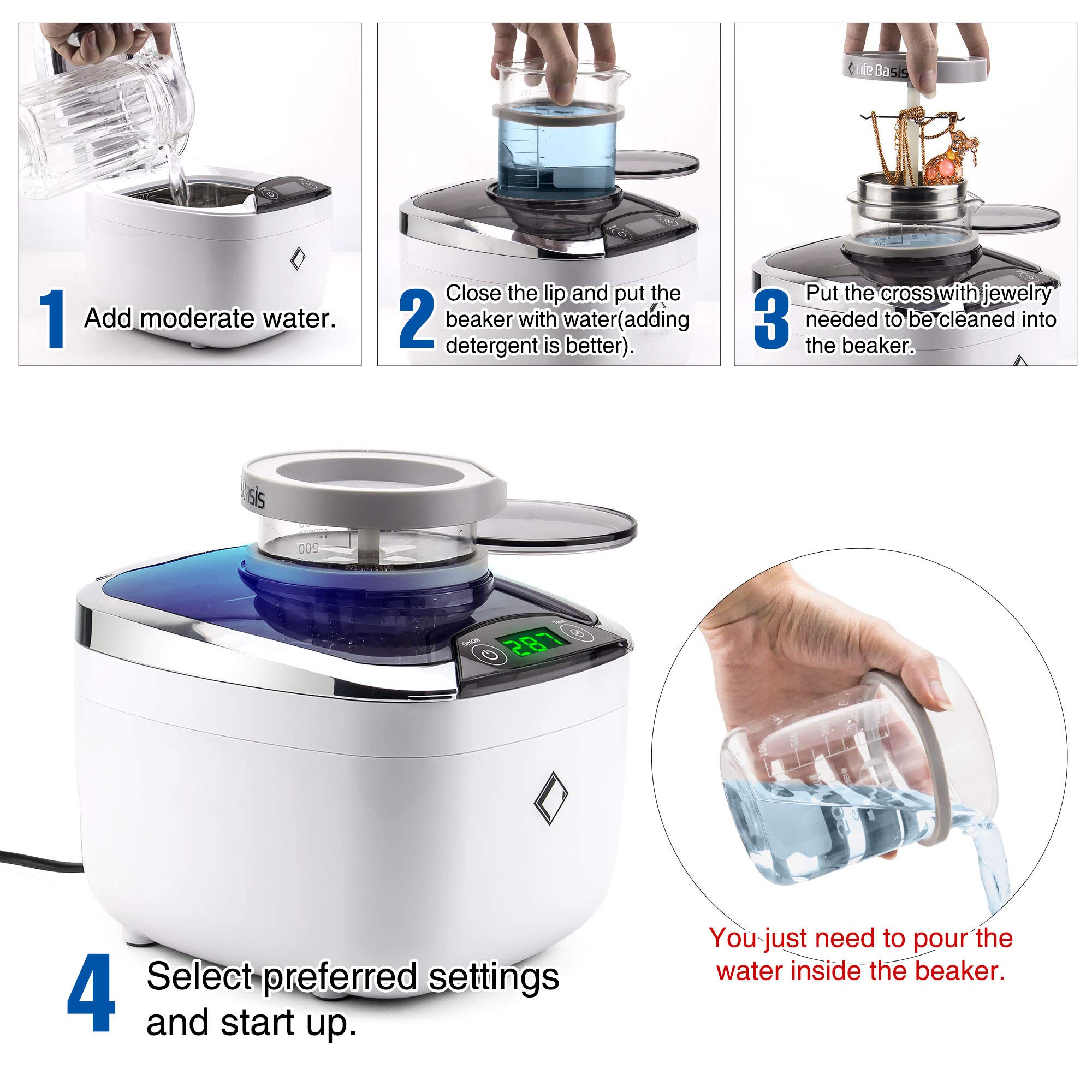 Life Basis Limpiador ultrasónico Joyería 870ml Professional con Vaso y Tapa de 500 ml [Versión actualizada]