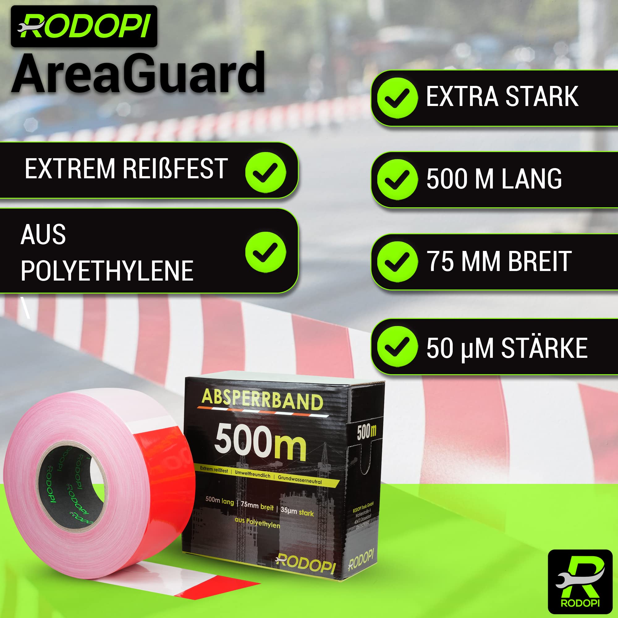 RODOPI Absperrband AreaGuard 500m x 75mm Flatterband rot weiß 50µm Warnband Reißfest Trassierband zum absperren von Baustellen Sperrband gestreift (4 Rollen (2000m))