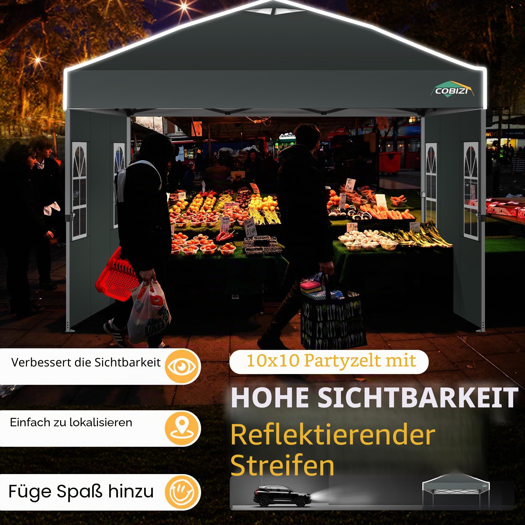 COBIZI Pavillon 3x3m Wasserdicht Stabil Winterfest Faltpavillon Partyzelt Gartenpavillon Pop Up Pavillon Klappbar Zelt mit 4 Seitenwnden Belüftungsöffnungen, Sandsack für Markt, Freien Event,Grau