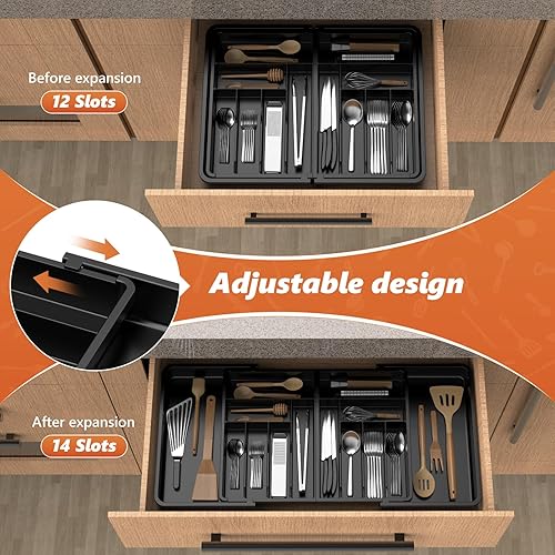 Miniatura 6 de Organizador grande de cajones de cubiertos, organizador de cajones de utensilios, soporte ajustable para cubiertos y cubiertos, bandeja de