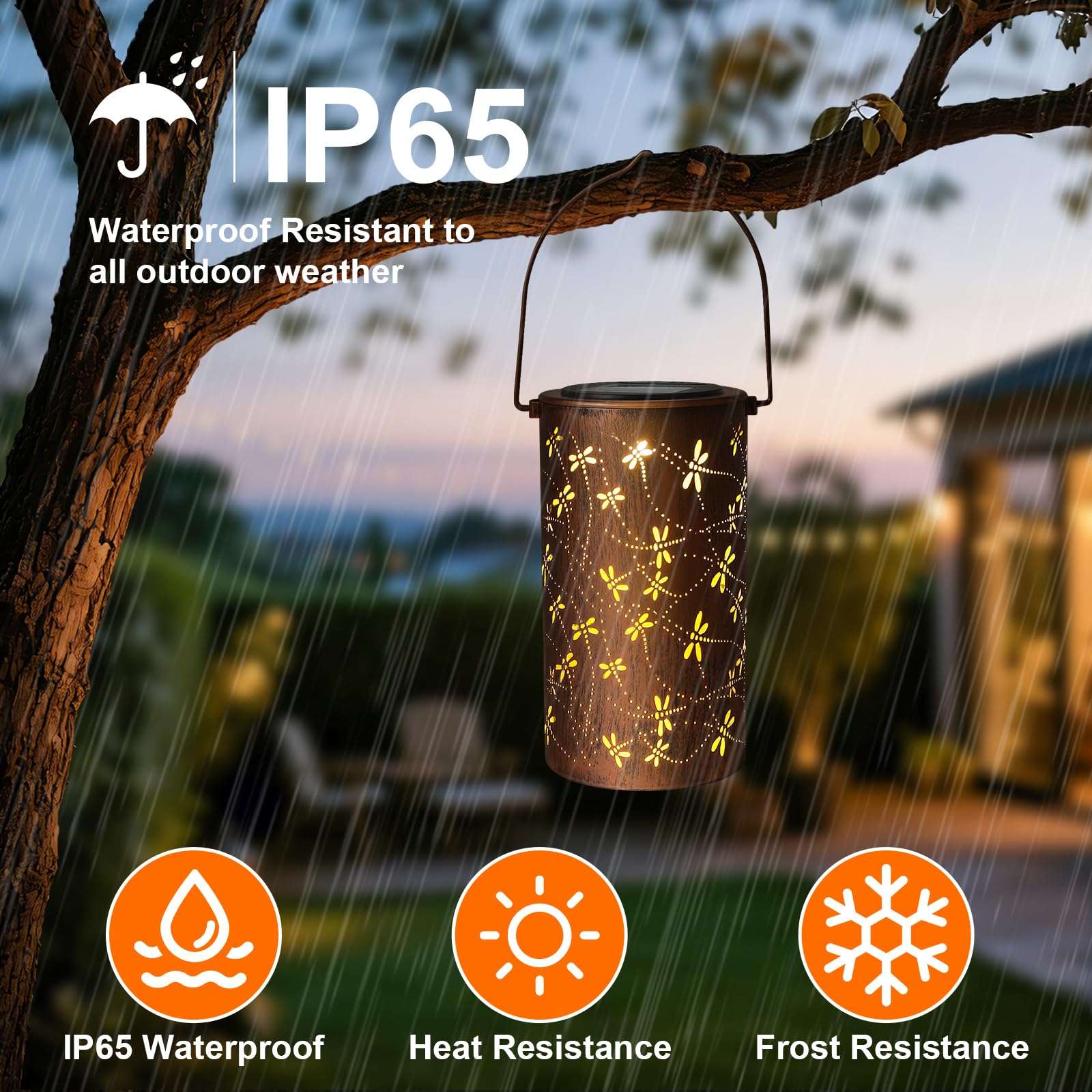 Linterna solar impermeable para exteriores, linterna solar colgante de metal con libélula, luces LED solares para jardín, patio, balcón, porche, decoración de regalos para mujeres, mamá, abuela, 1