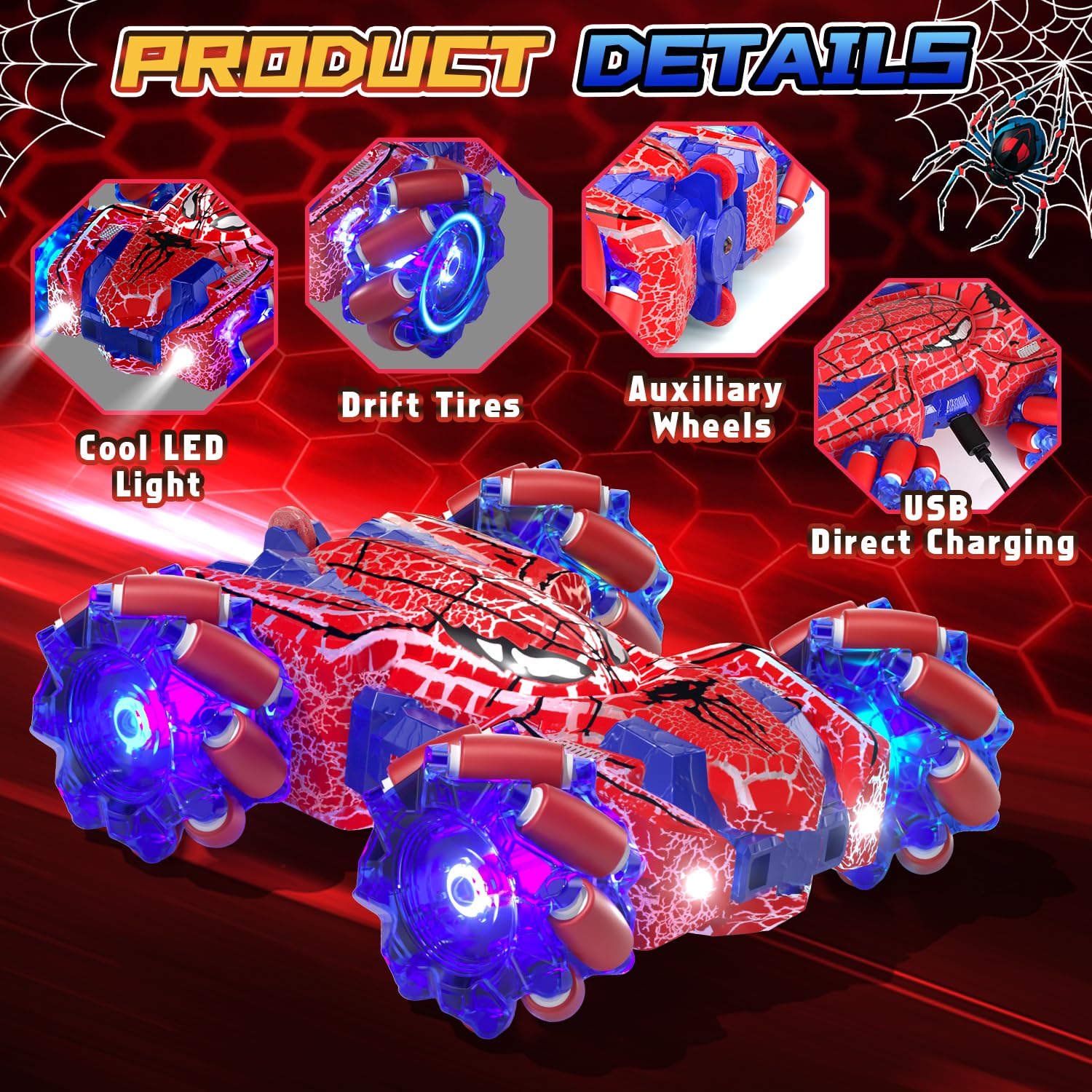 SOGAWEBB Spider Auto telecomandata con riconoscimento dei gesti a partire da 4 5 6 7 8 9 10 11 12 anni, auto RC a doppia faccia con illuminazione del corpo, auto RC Stunt ricaricabile controllata a