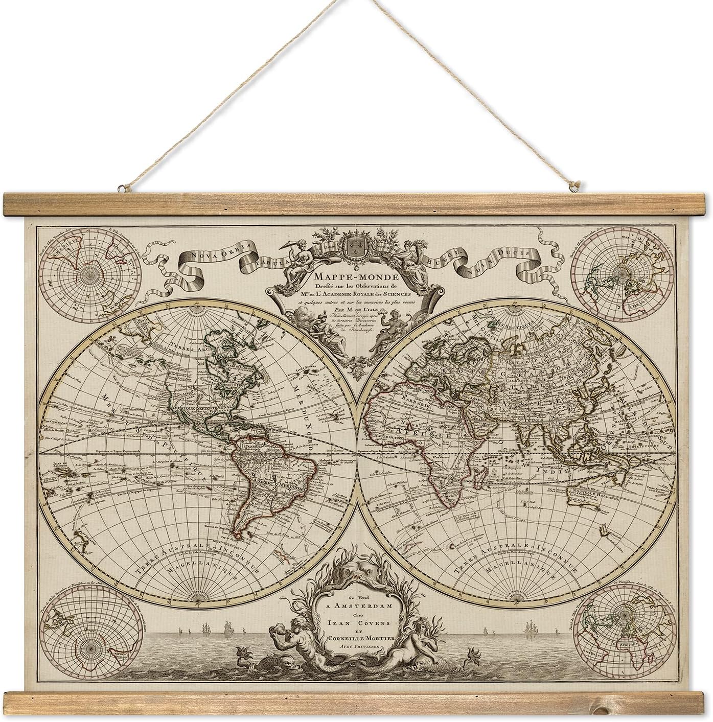 XIAOAIKA Vintage World Map Print on Cloth with Wooden Hanger - Antique Hemisphere Wall Hanging Decor, Retro Style Home and Office Decoration, 17th Century Map Design, Amsterdam Edition 39 x 29 Inches 39 x 29 inches XC-MAP-07