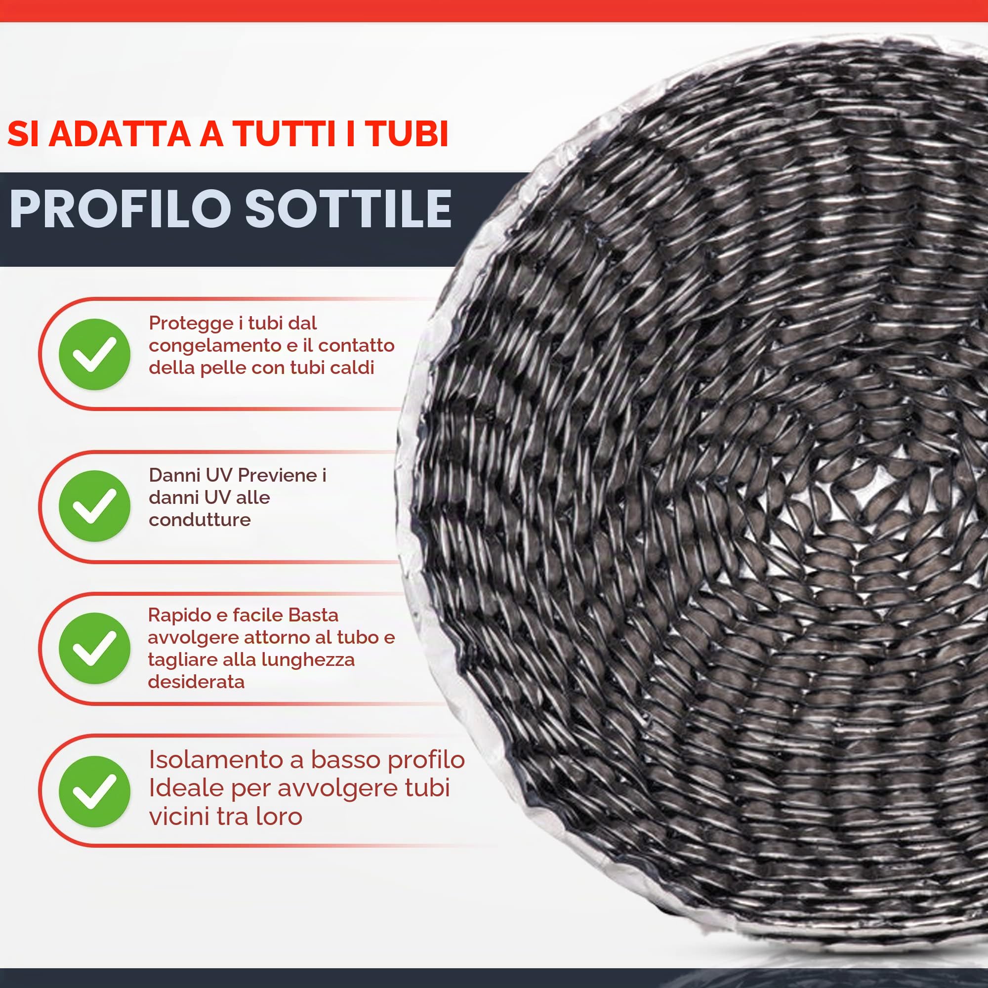 Pellicola isolante per tubi, 7,5 m x 80 mm, a risparmio energetico termico per isolamento di tubi e condotti interni o esterni