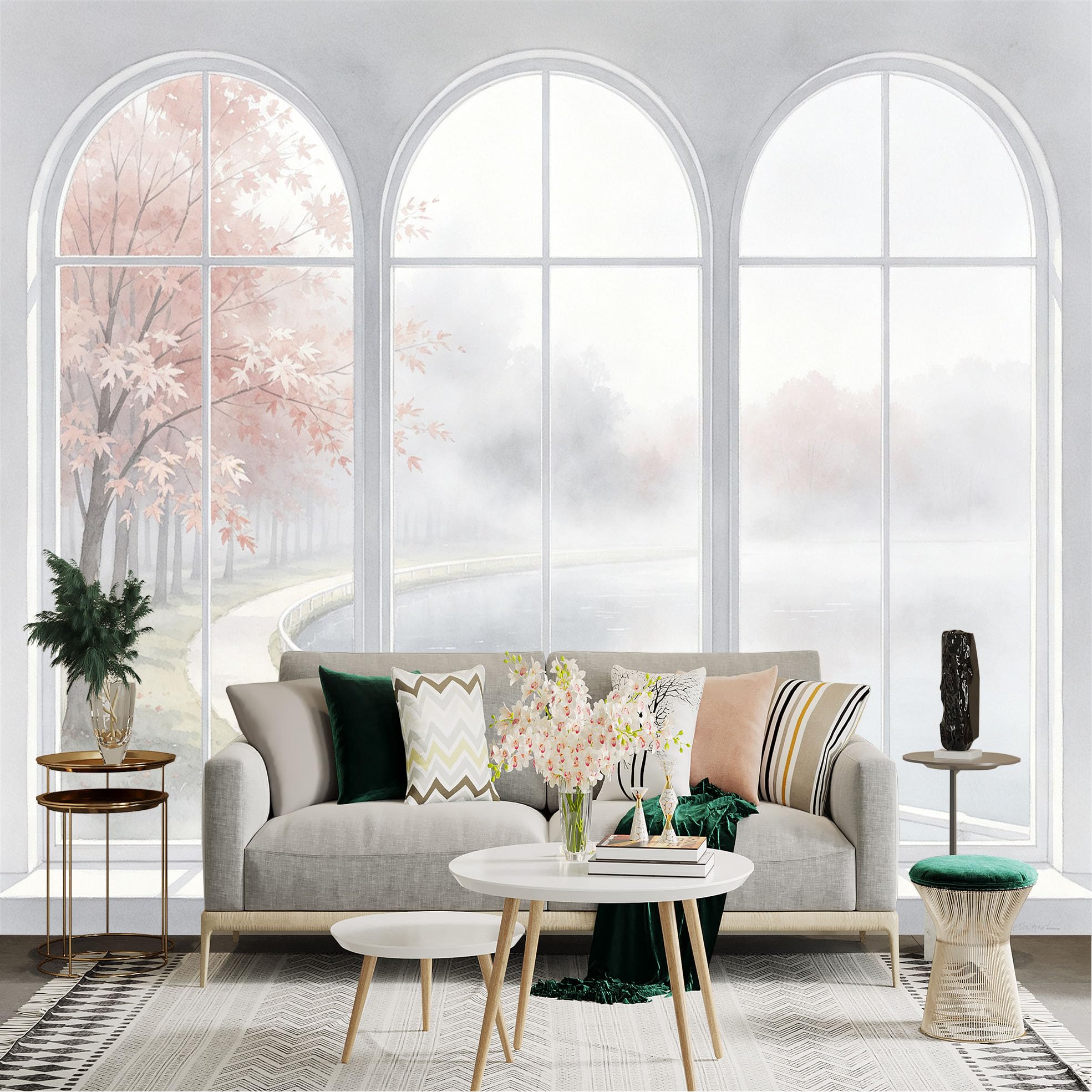 Custom Size Wall Sticker Mural， Watercolor Window View， Misty Autumn Park， Peaceful Lake Scenery， for wall Decoration， peelandstick wall Decals.