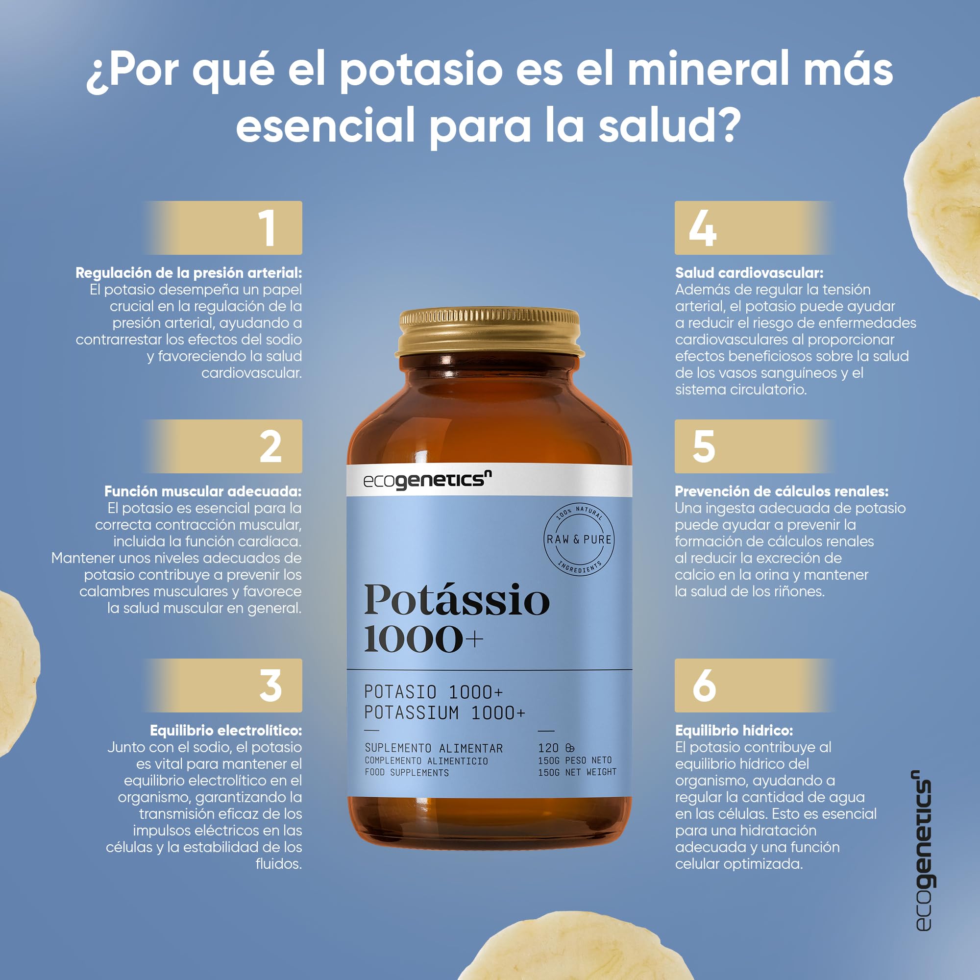 ECOGENETICS - Potasio 1000+ | Potasio en Pastillas, 120 Cápsulas | Suplemento Alimenticio de Fosfato Dipotásico | Fósforo y Potasio | Complemento de Vitaminas y Minerales