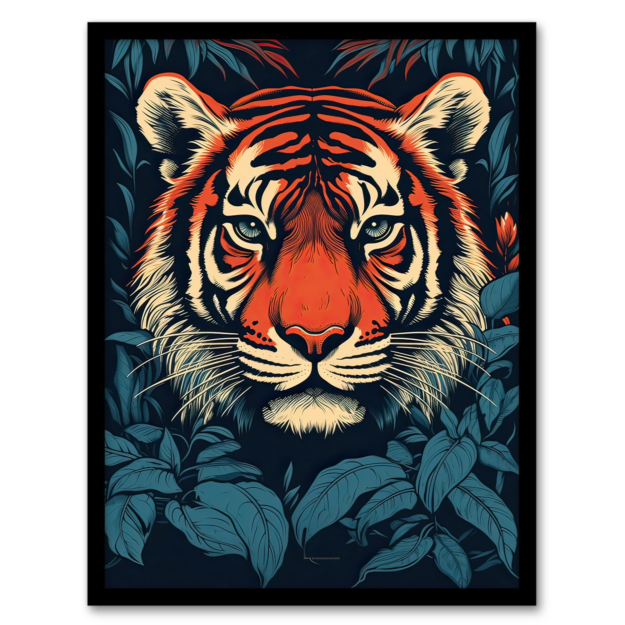 Artery8 Fierce Bengal Tiger Emerging from Bushes Wildlife Painting Blue Orange Botanical Portrait Artwork Framed Wall Art Print A4