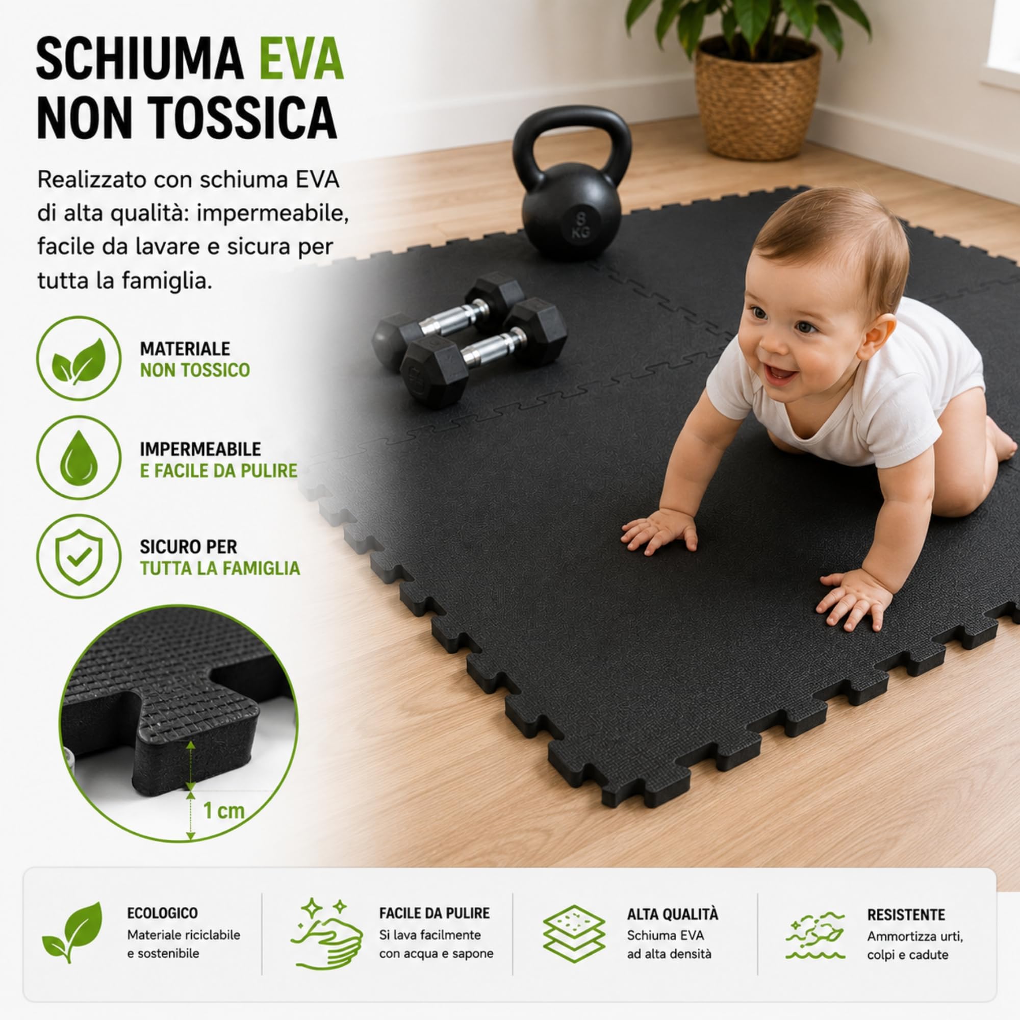 Tappeto Palestra EVA ad Incastro, 4 Pezzi 60x60x1 cm, Tappetino Fitness Puzzle Antitrauma Antiscivolo, Pavimento Protettivo per Home Gym Garage Yoga Fitness Nero