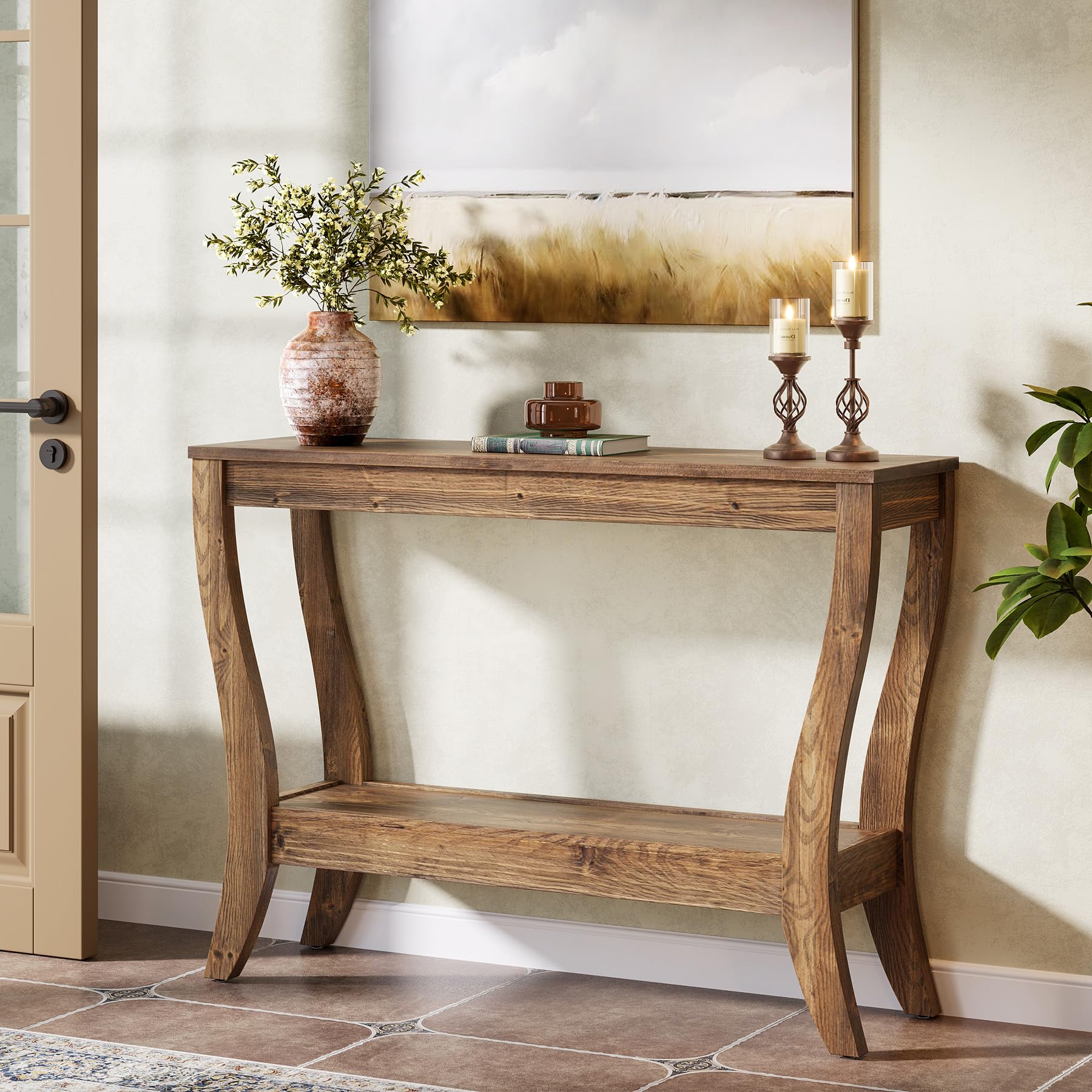 Tavolo consolle in legno massiccio con vano portaoggetti, 105 cm, tavolino da corridoio con ripiano, divano a 2 livelli, in legno, per soggiorno, corridoio, ingresso, marrone