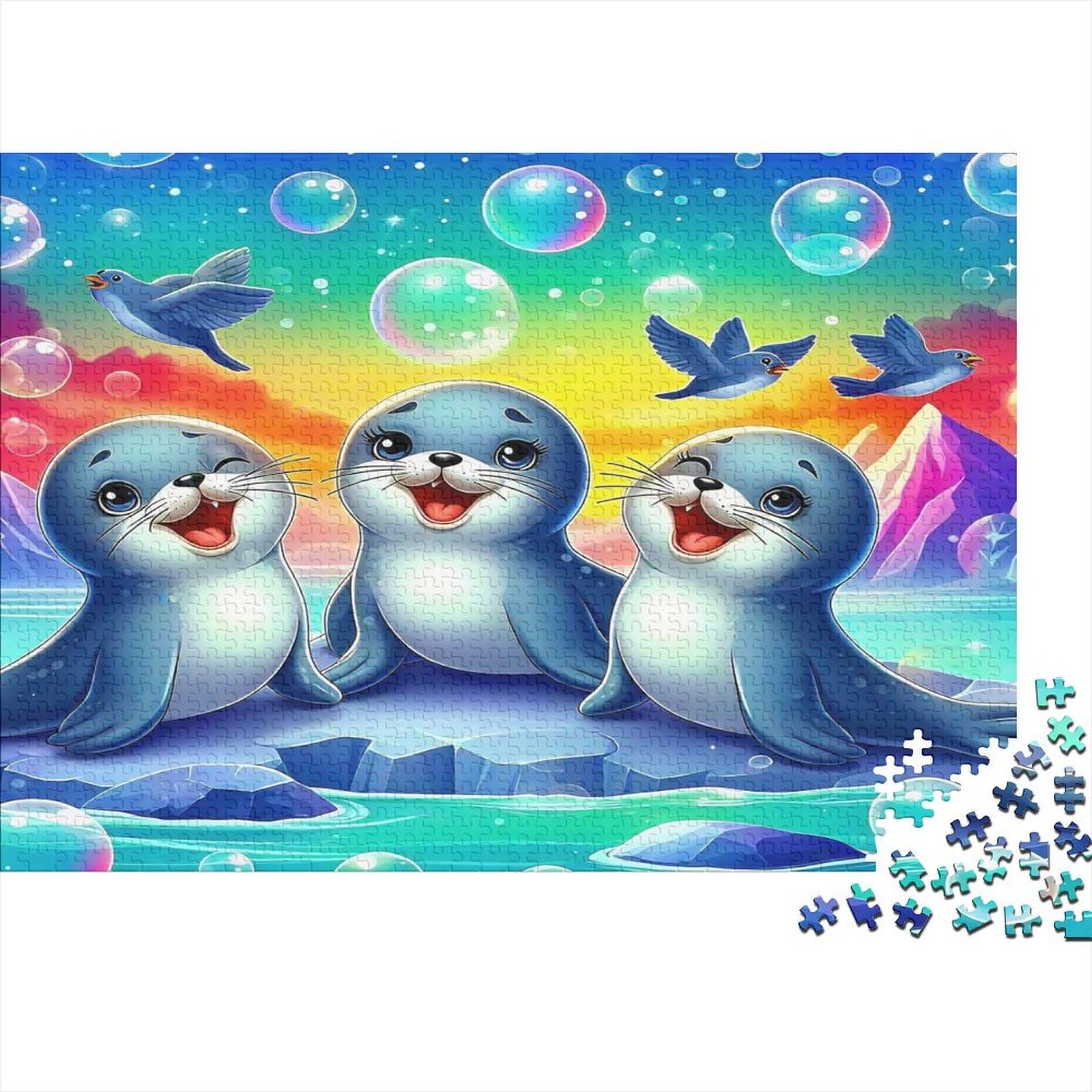 Cartoon Seal 1000 Piece Jigsaw Puzzle Paper Adults Rainbow Polar Scene Jigsaw Puzzle for Adults Relaxation Home Decor 38x26cm/1000pcs — image 1