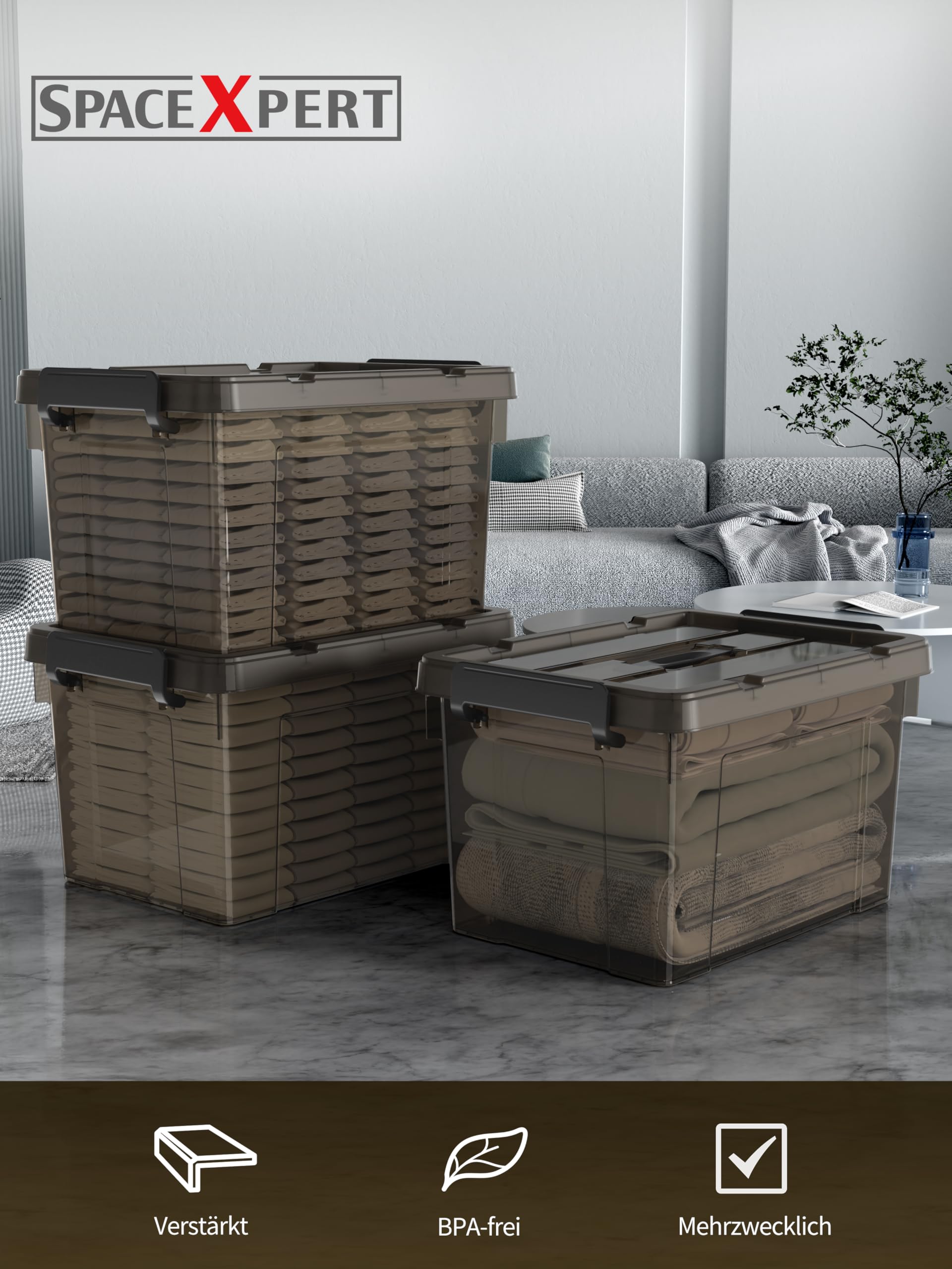 Scatole Portaoggetti, Casse di stoccaggio 65L, Contenitori in Plastica con Coperchio e Maniglia, Trasparente Marrone, Impilabile, Facile da Trasportare, per Casa e Garage, 65L, Set di 4