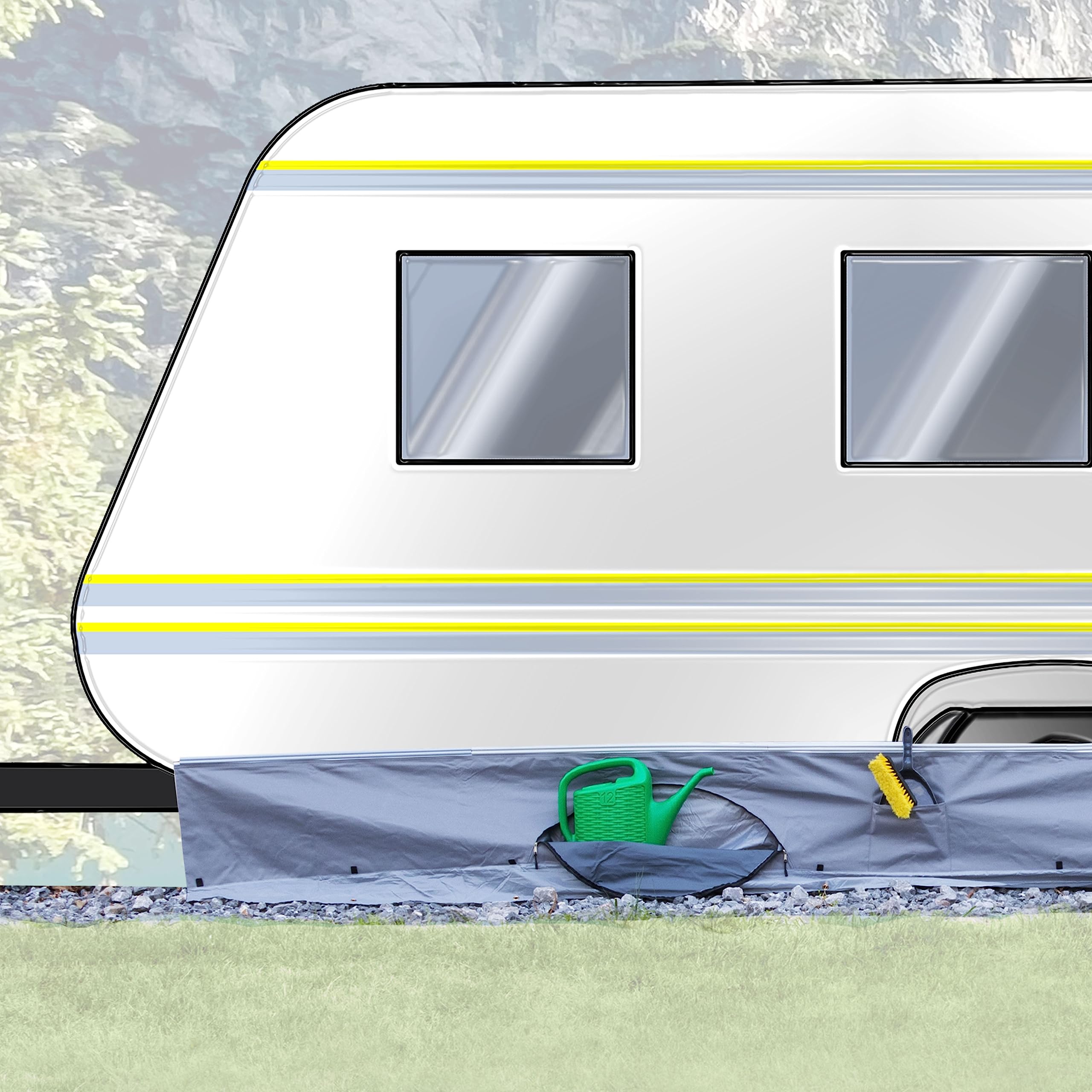 Bodenschürze Wohnwagenschürze 580x50 cm - Grau - mit 2 großen Aufbewahrungstaschen 95x85x30cm - Windschutz für Vorzelt Windblende Wagenschürze Camping Zubehör