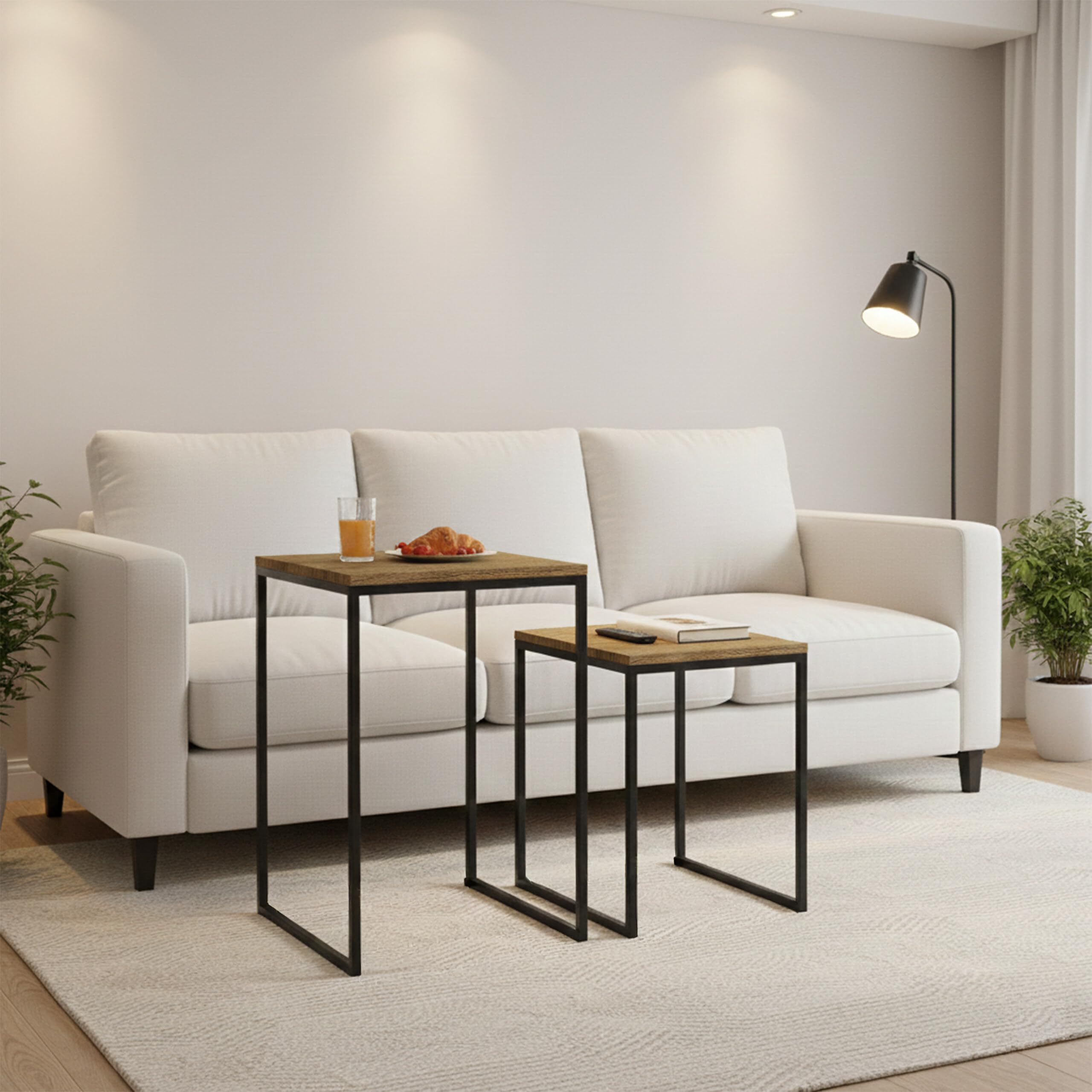 Relaxdays Set Tavolini da Salotto da 2, ad Incastro, Design Industriale, Impilabili, Moderni, Ferro, Effetto Legno/Nero