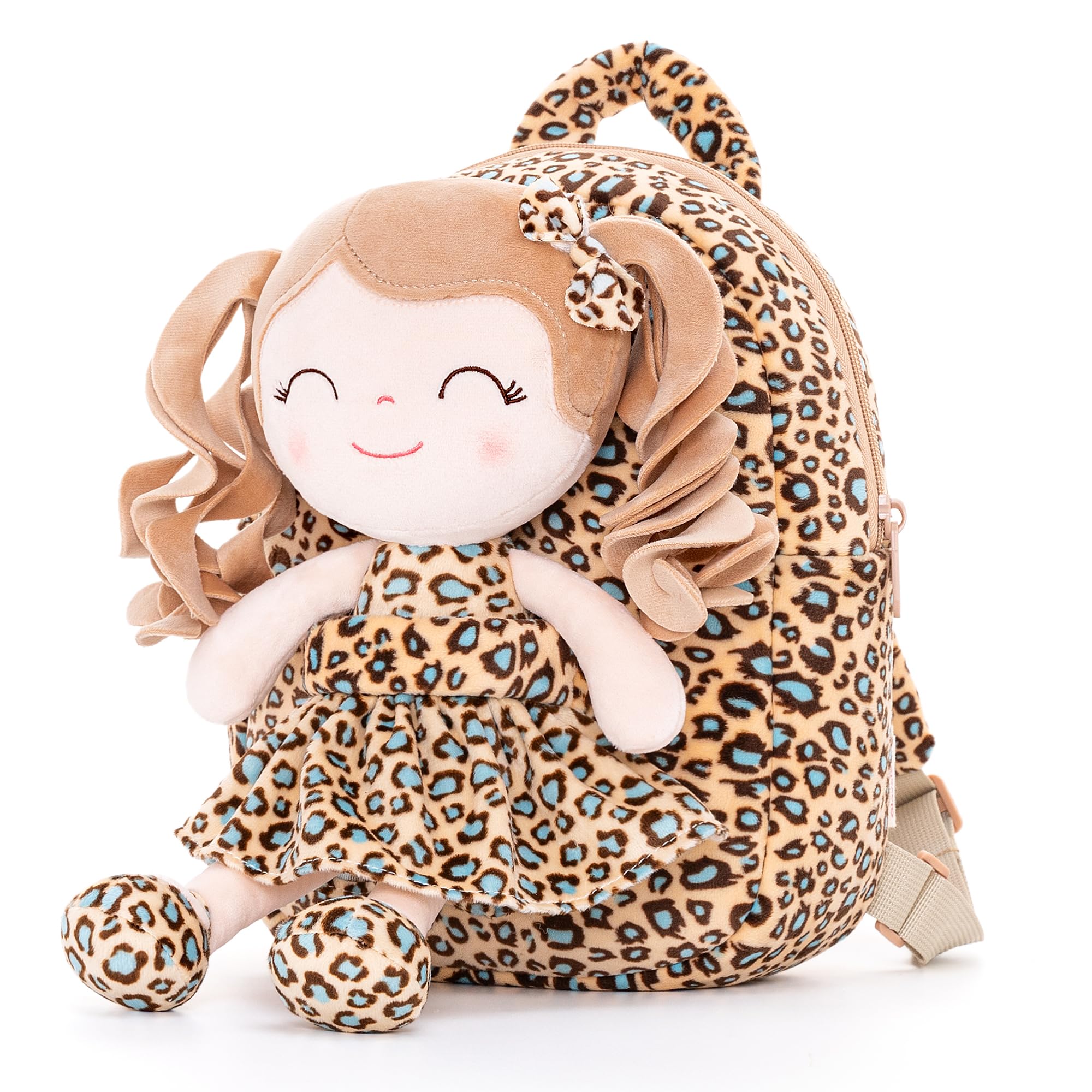 Gloveleya Toddler Backpack Baby Girl Gifts Curly Hair Plush Figures Dress Backpack Kids Backpack Curly Hair Spring Girl - White Leopard 9inches