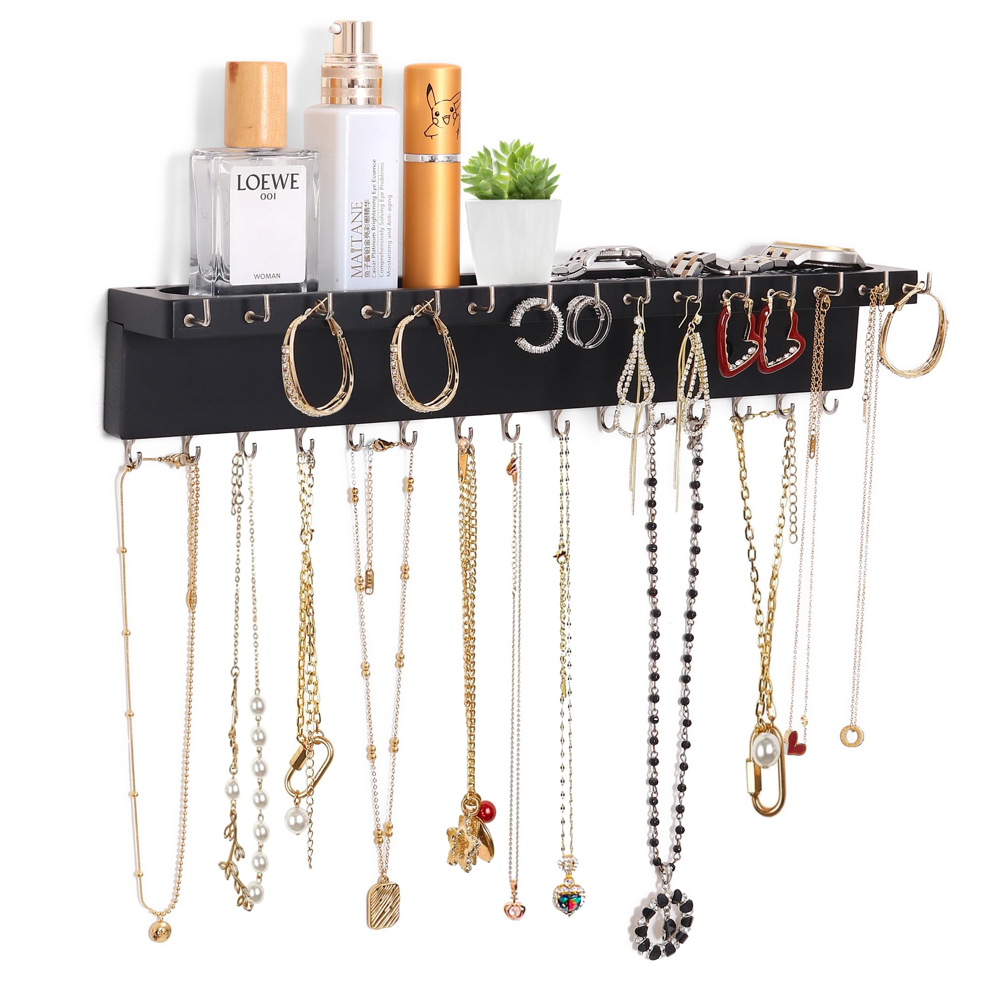 FURAOMEILI Necklace Holder Organizer Wall Mount,Jewelry Holder Organizer with 30 Hooks,Oak Jewelry Organizer and Storage for Necklaces,Bracelets and Rings (Black)