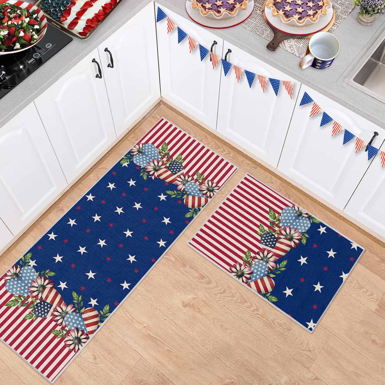 2 Pieces Kitchen Rugs and Mats,4th of July American Flower Star Heart Area Runner Rug Set Non Slip Floor Doormat Washable Carpet Standing Mat for Kitchen Sink Indoor Corridor,USA Flag Theme