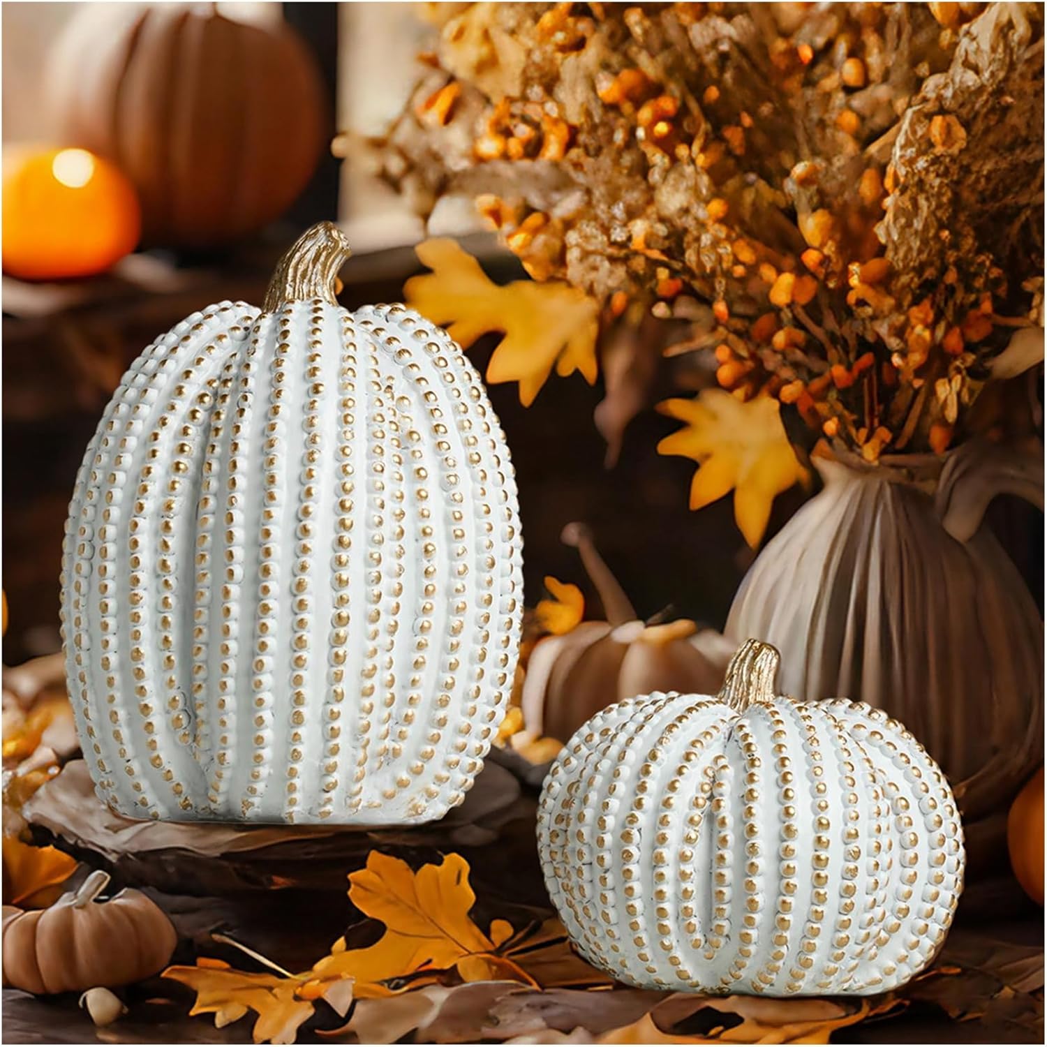 2PCS Autumn Pumpkin Decorations Harvest Festival Rustic Resin Pumpkin Decorations Carved White Pumpkin Statue Table Decorations for Halloween Weddings Fireplaces (A Polka dot Pumpkin)