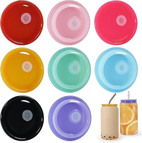 8 tapas acrílicas para vasos de vidrio de 16 onzas con tapas y pajitas, tapas de repuesto de vasos de vidrio de colores, a prueba de derrames, tapa