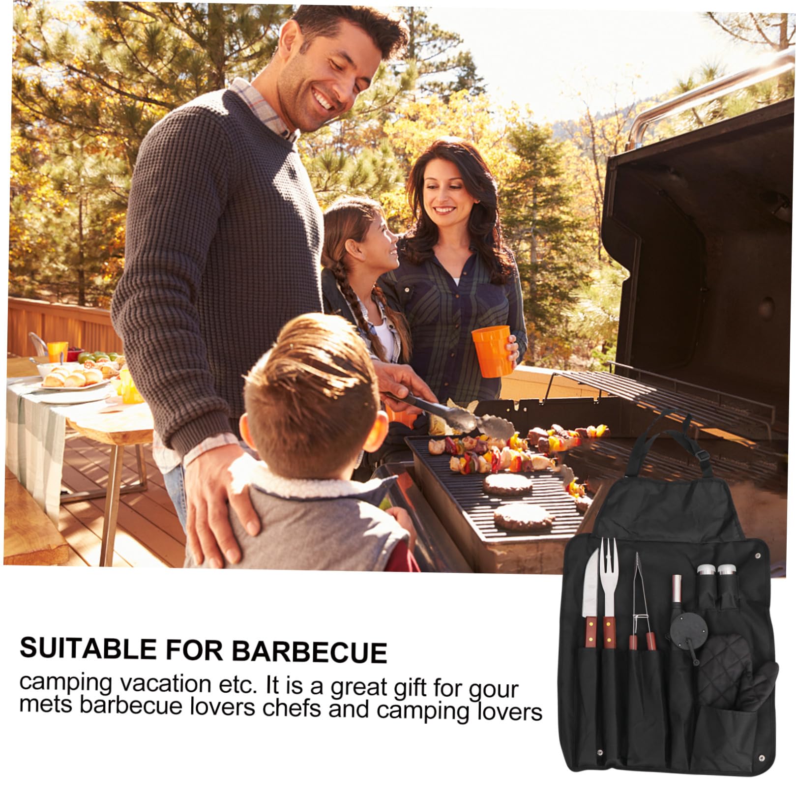 Set Utensili Barbecue Acciaio Inossidabile e Legno Nero | Borsa Inclusa, Design Compatto Cinghie di Fissaggio, Guanto Termoresistente per Festa All'aperto