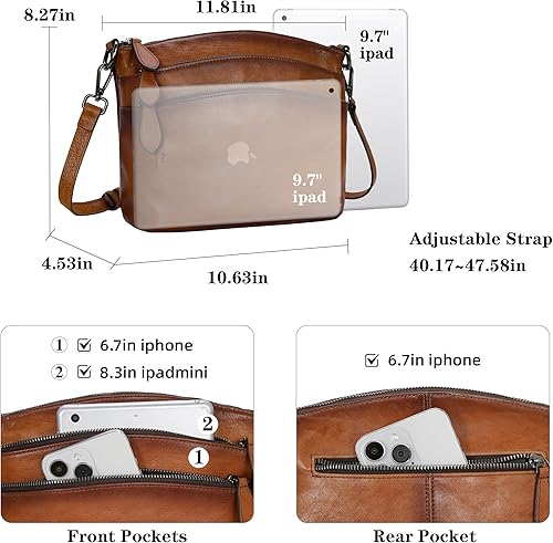 Miniatura 3 de HESHE Bolsos cruzados para mujer, de piel auténtica, con múltiples bolsillos, estilo vintage, bolso pequeño de hombro