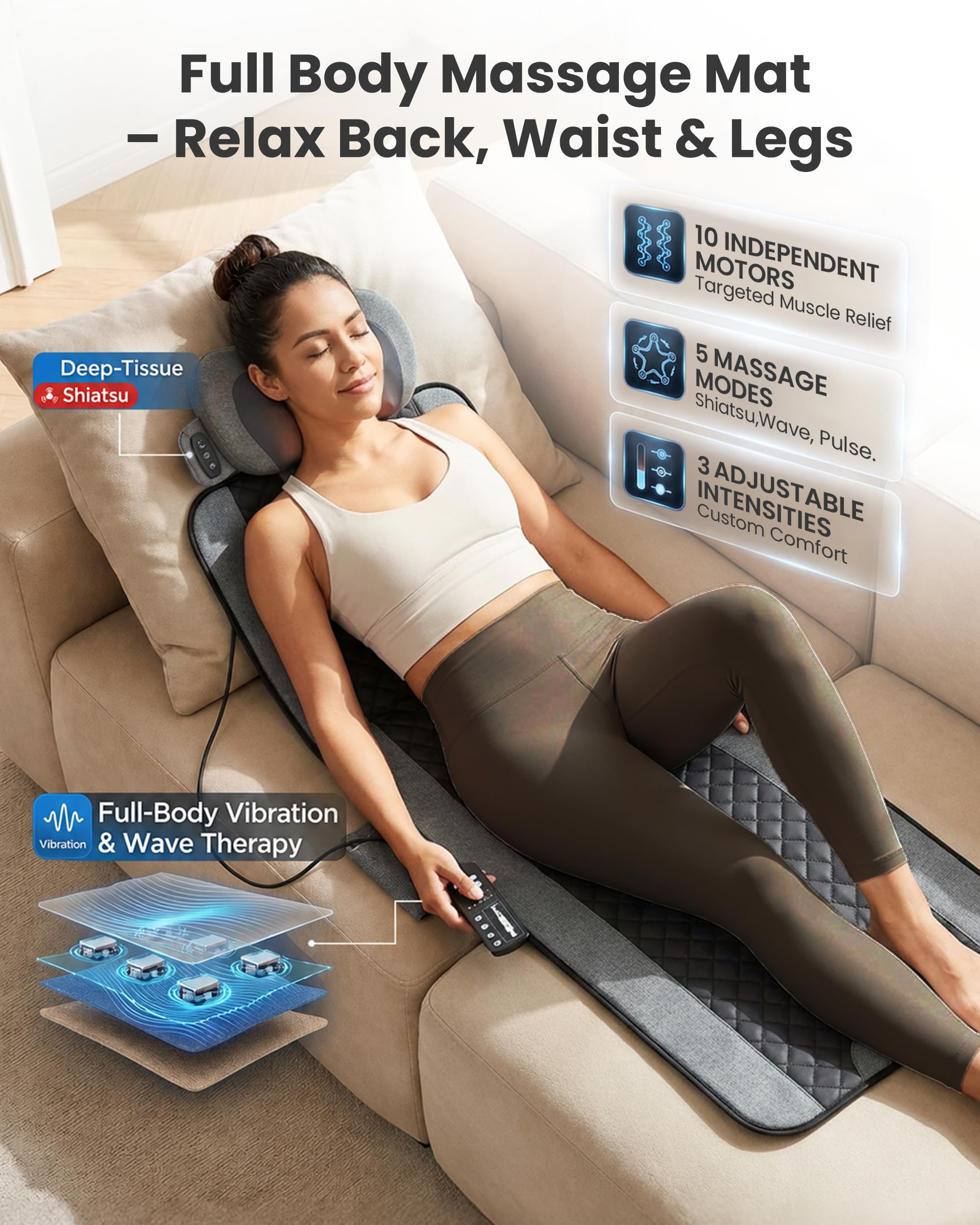 COMFIER Elektrische Massagematte mit Shiatsu-Nackenmassagegerät | 10 Motoren, 5 Programme & 2 Wärmestufen für Ganzkörpermassage, faltbar für Sofa, Büro und Zuhause, Geschenk | 10 Motoren, 5 Programme & 2 Wärmestufen für Ganzkörpermassage, faltbar für Sofa