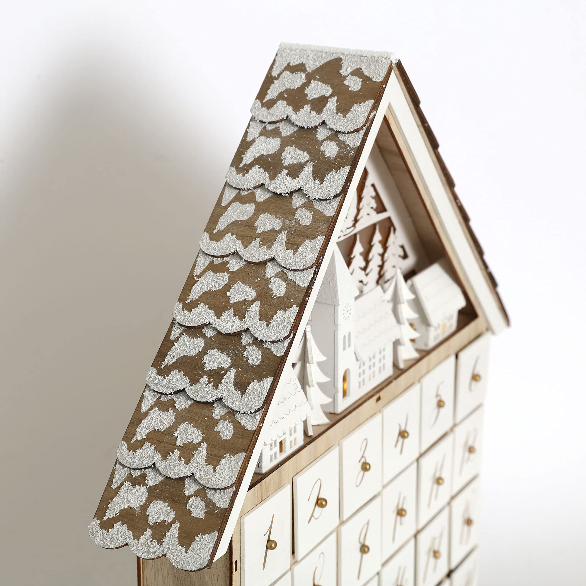 Pioneer-Effort Weihnachts-Adventskalenderhaus aus Holz mit 24 Schubladen und LED-Lichtern, Dorf- und Waldszene Countdown bis Weihnachten, wiederverwendbare Dekoration, 41 x 7 x 45 cm