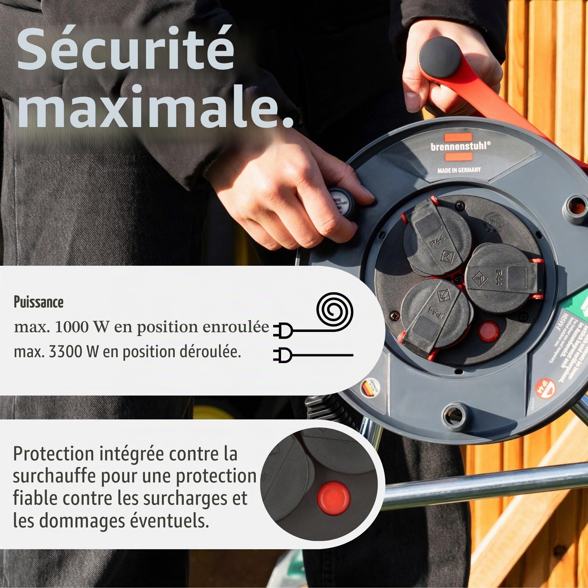 Brennenstuhl Garant V2 IP44 Enrouleur de câble extérieur 25 m (fabriqué en Allemagne, 3 prises de courant de sécurité avec protection de contact améliorée, plastique spécial)