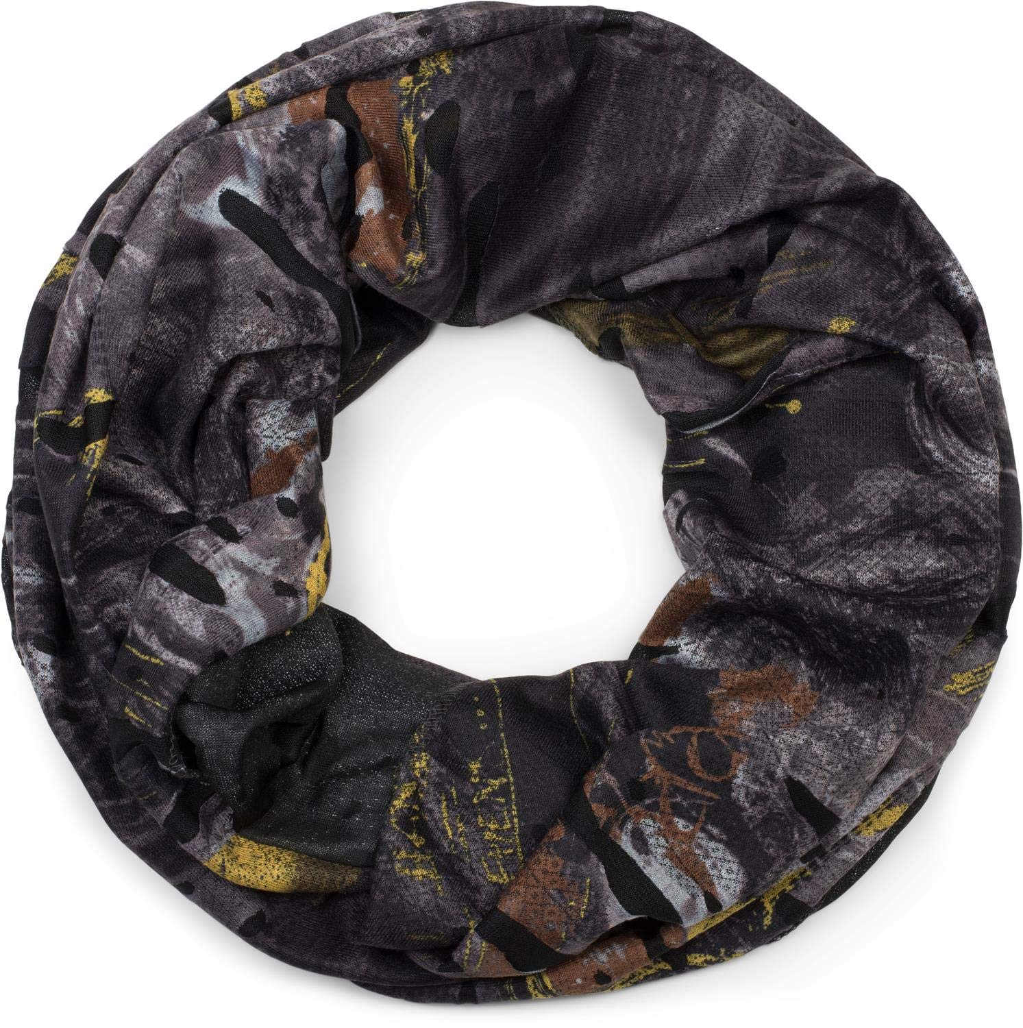 Stylebreaker Women's Grey-Brown-Yellow Splat-Style Loop Tube Scarf With Blots And Characters In Destroyed Vintage-Look, Unisex 01016119, Colour: