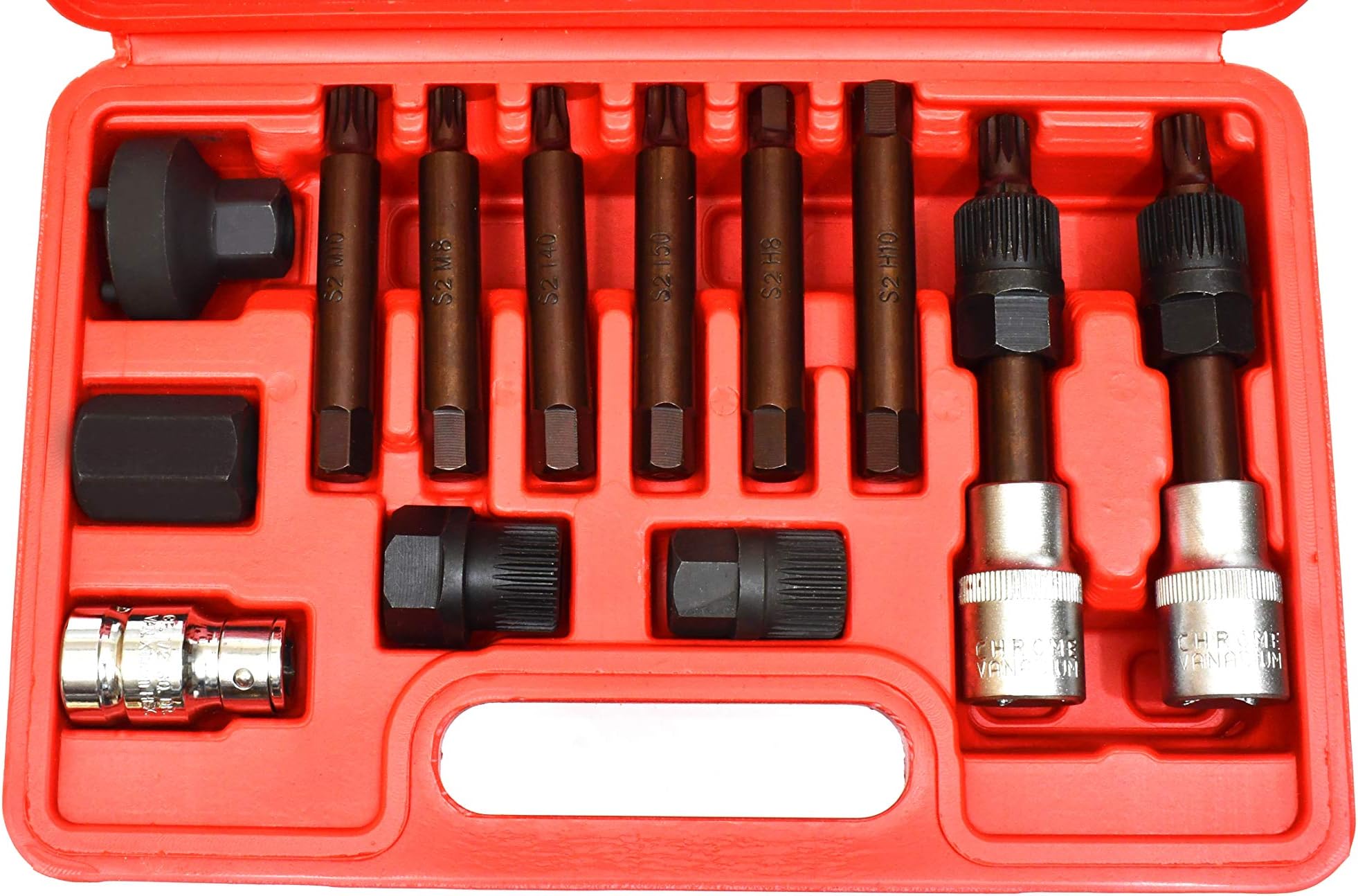Vector Tools 13Pc Alternator Freewheel Pulley Removal Socket Spline Torx Star Bit Tool Set