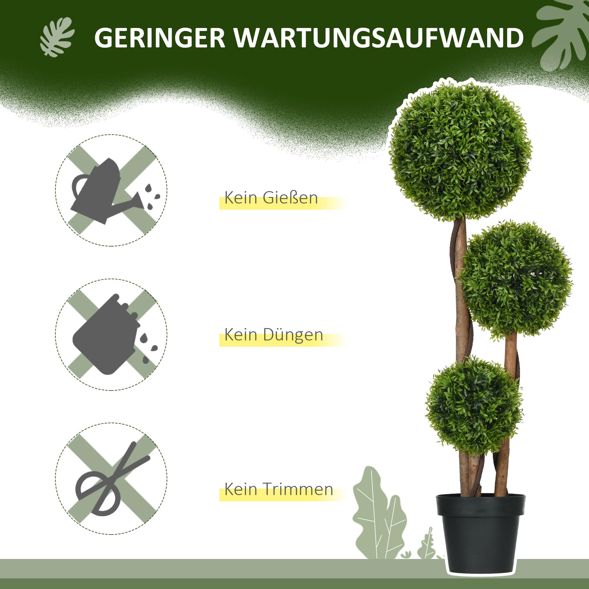HOMCOM Künstlicher Buchsbaum Groß 110cm UV-beständige Kunstpflanze im Topf | Wie Echt, Kunstbaum mit 3 Kugeln, Kunstmoos, Künstliche Pflanze, Bambusblättern, für Wohnzimmer Schlafzimmer Büro Garten