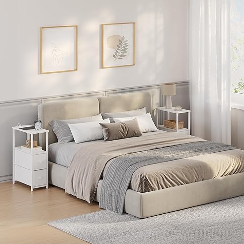 Miniatura 6 de TUTOTAK Mesa auxiliar estrecha pequeña con estación de carga, mesa auxiliar con tomas, mesita de noche con 2 cajones de tela, mesa de sofá, para