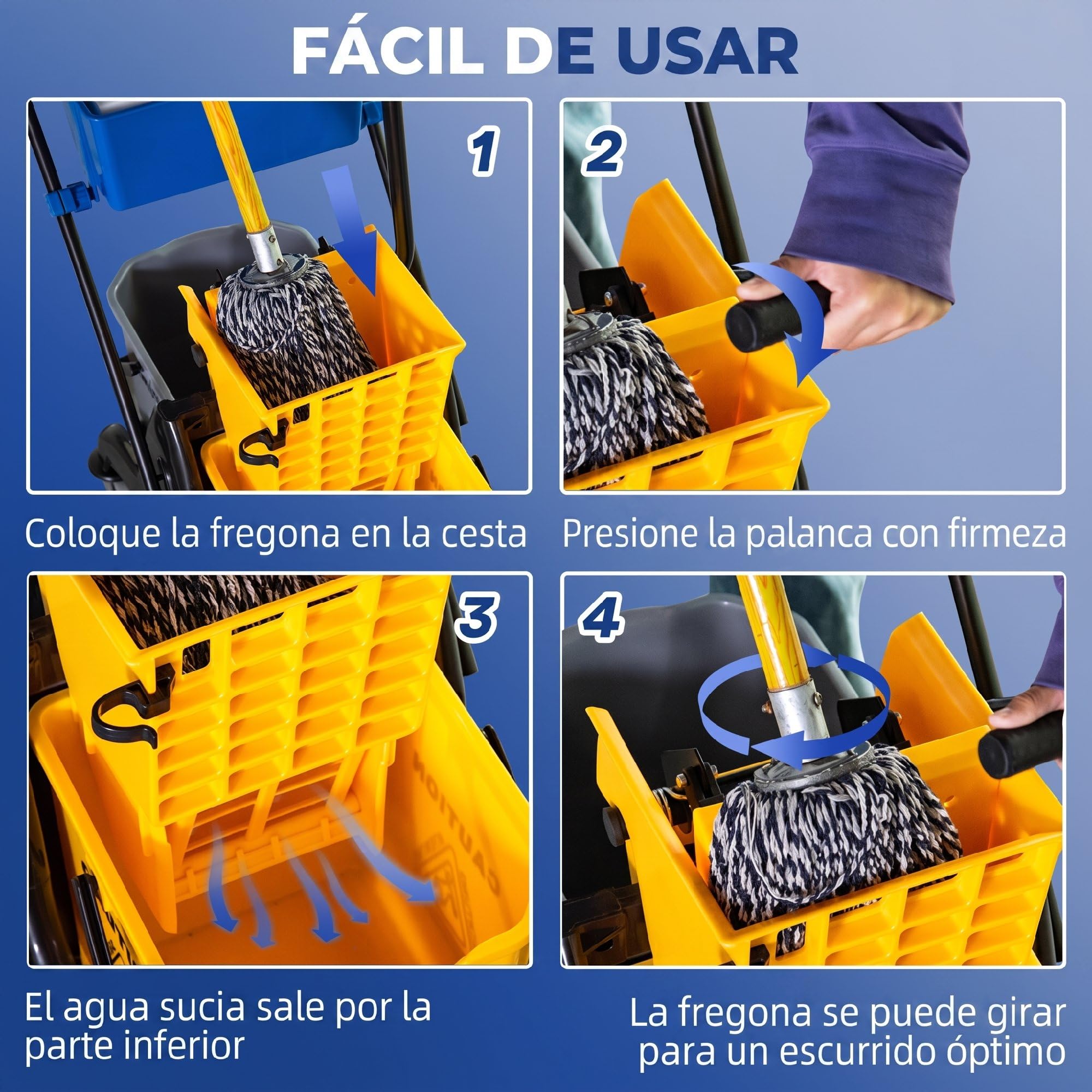 HOMCOM Cubo de Fregona con Ruedas, 26 L, Cubo de Fregar con Sistema de Escurridor de Presión Lateral, Asa de Transporte y Doble Cubetas Separadas para Doméstico y Comercial, Amarillo y Azul