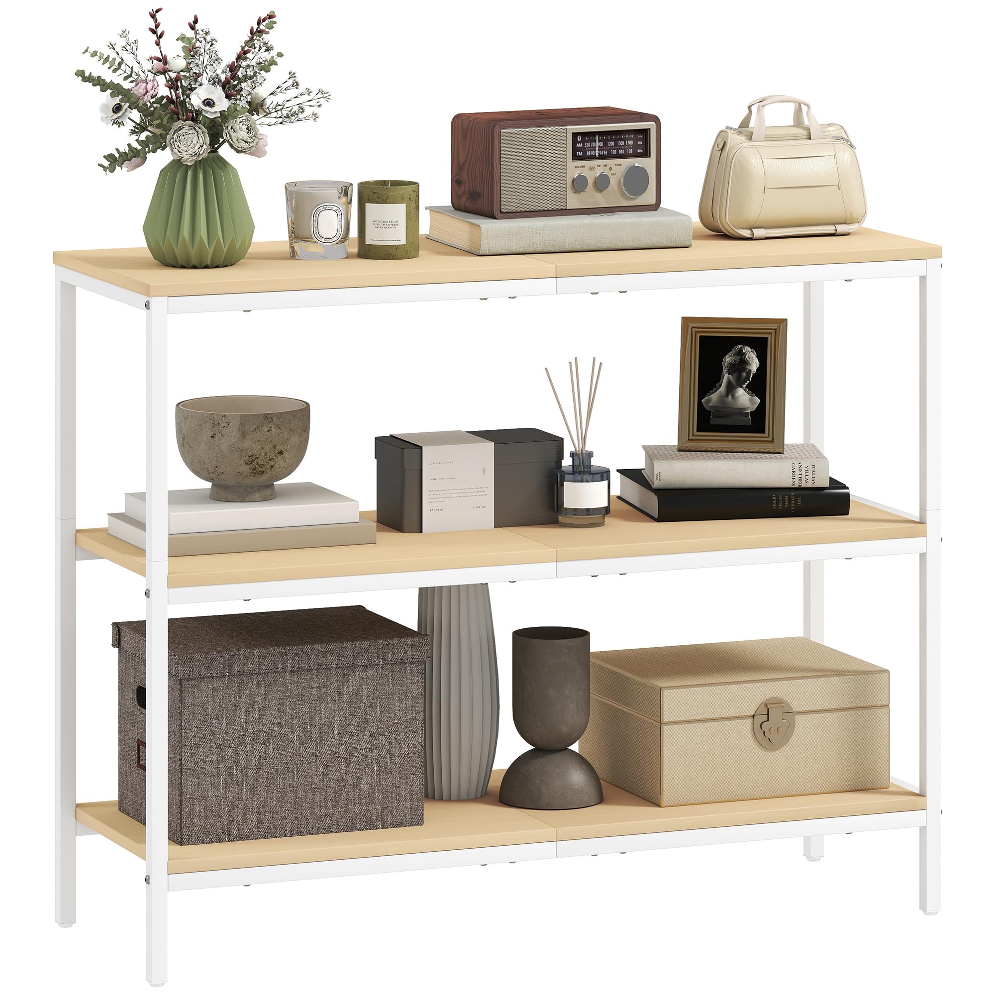 HOMCOM Mesa de Consola Estrecha Moderna 101x35x80 cm Natural y Blanco | Consola de Recibidor, Mesa de Recibidor, 3 Estantes Abiertos, Patas de Metal, Pasillo Entrada Salón Dormitorio