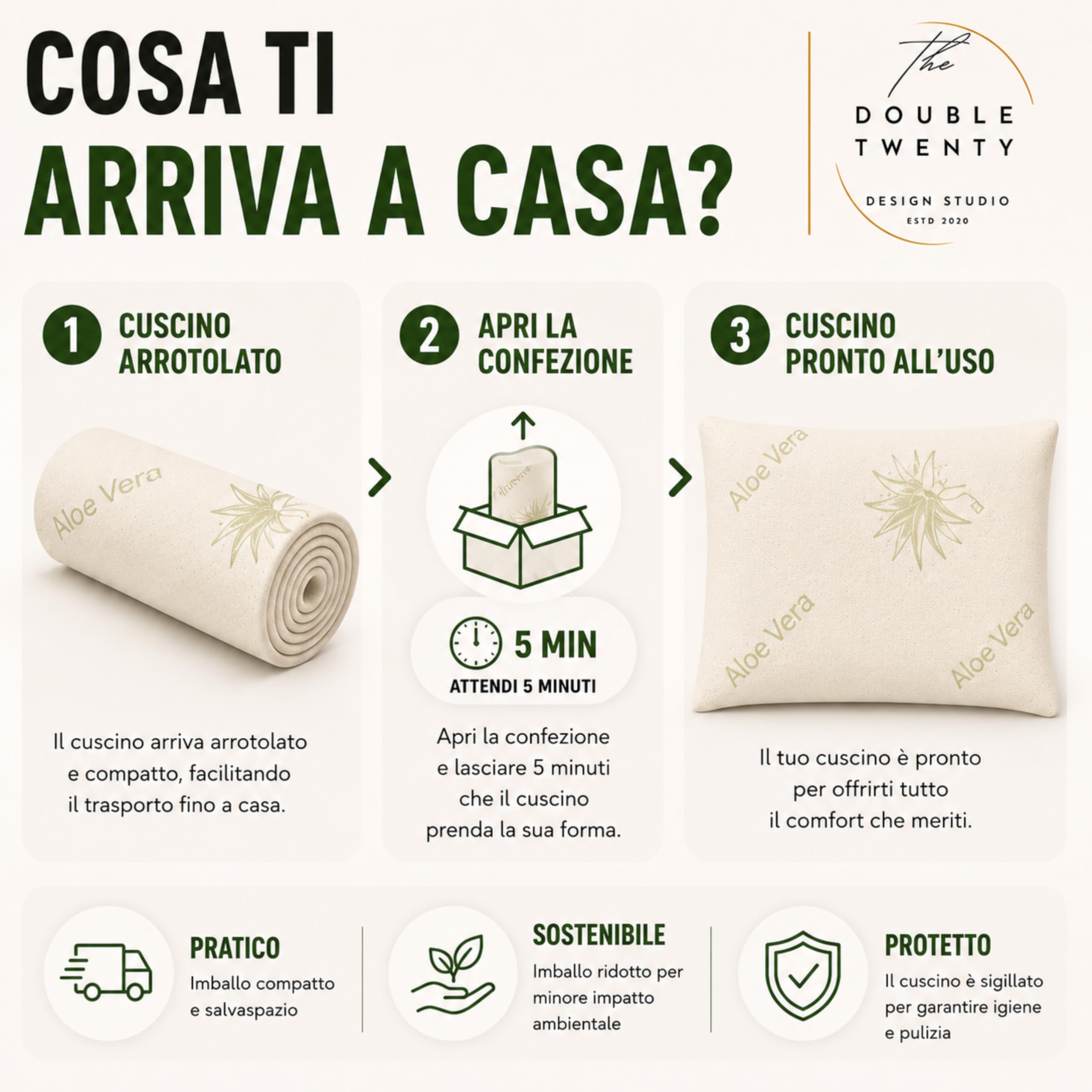 Double Twenty - Almohada cervical viscoelástica, altura 12 cm, 72 x 42 cm – Funda de Aloe Vera transpirable – Ergonómico Masajeador desenfundable antiácaros – Fabricado en Italia