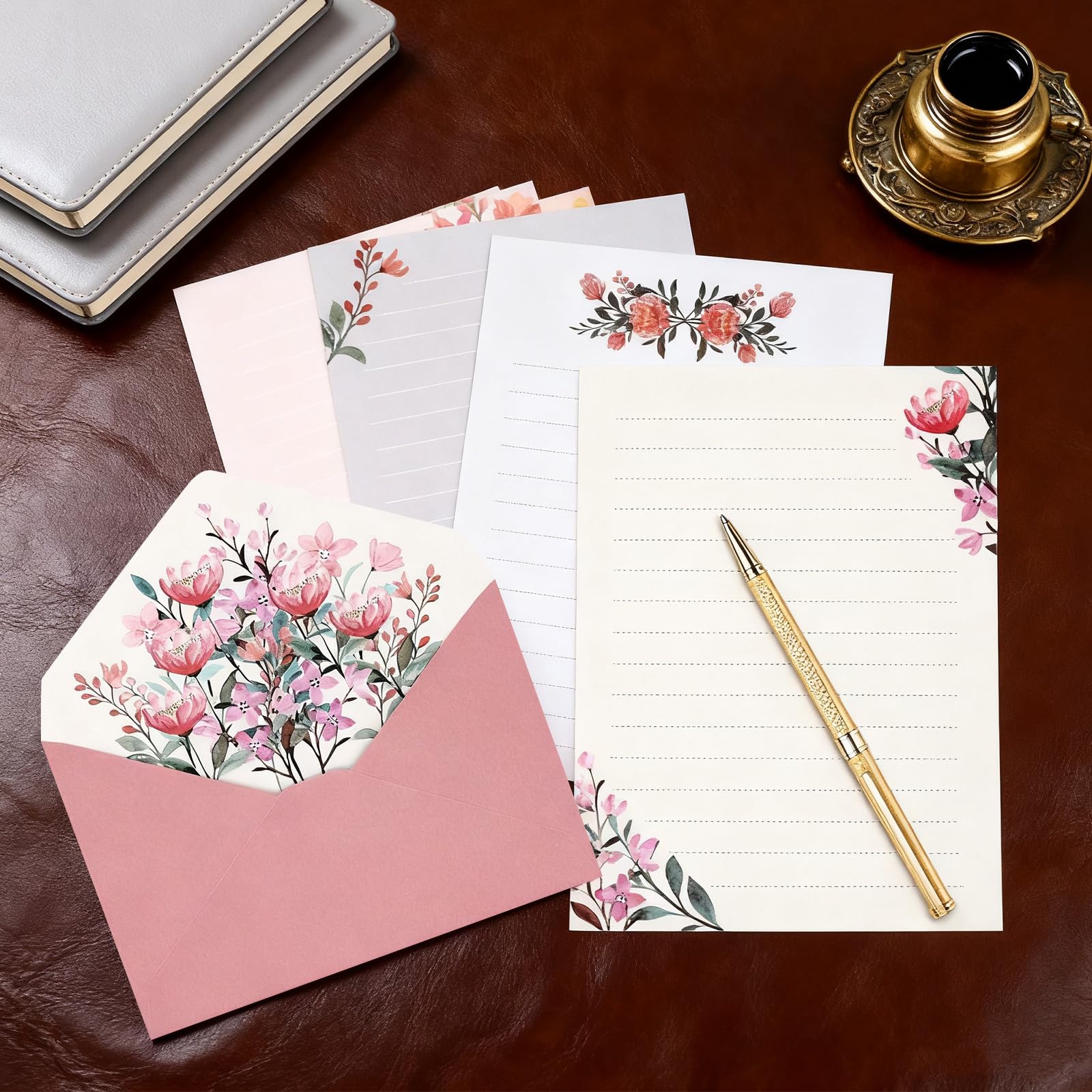37-teiliges Briefpapier-Umschläge-Set enthält 24 linierte Briefpapiere und 12 Umschläge mit 48 runden Aufklebern, warmes Blumen-Thema, Briefpapier-Set für Hochzeitseinladungen, Wünsche, Blumen (6