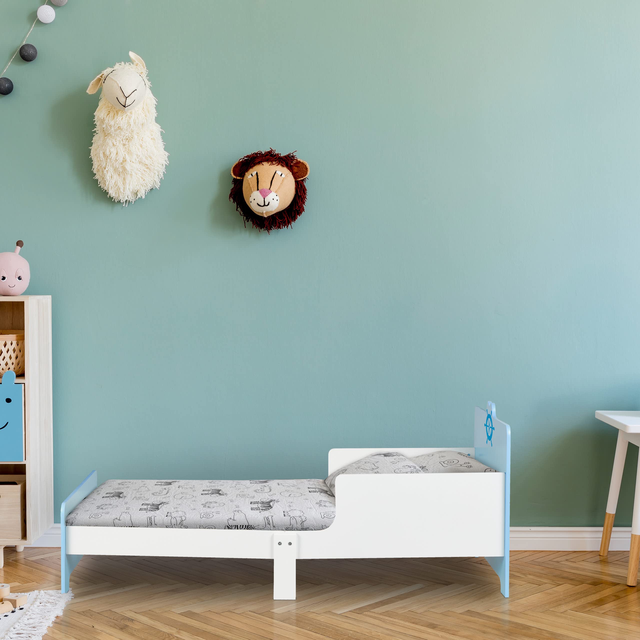 Relaxdays peuterbed, HBD: 60 x 94 x 143 cm, kinderbed met nachttafeltje, uitvalbeveiliging, lattenbodem, MDF, kleurrijk
