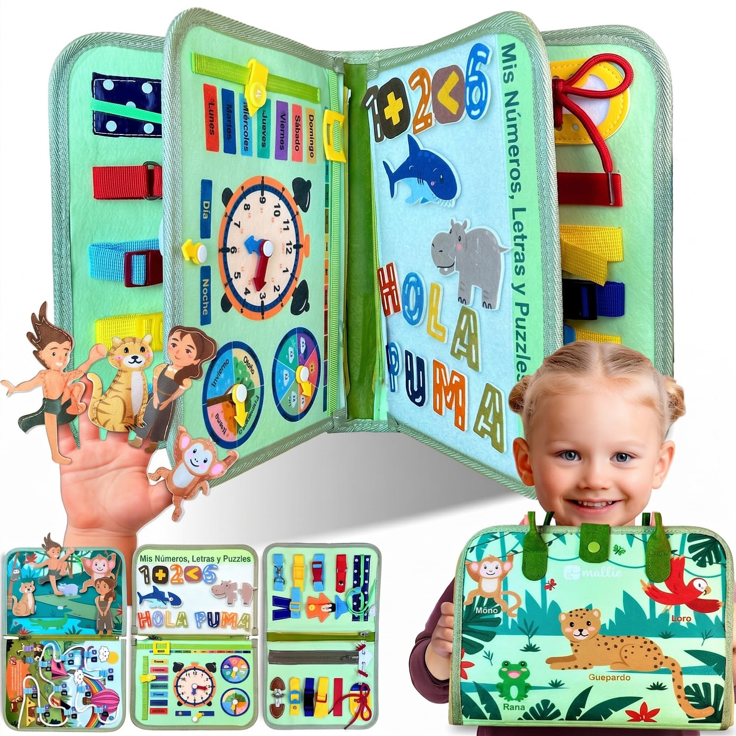Mallie® Montessori Busy Board en Español para 1 2 3 años con Juego de rol y Marionetas – Busy Board, Libro Montessori 1 Año, Busy Book, Libro Sensorial Bebe 1 Año, Libro Montessori 2 Años