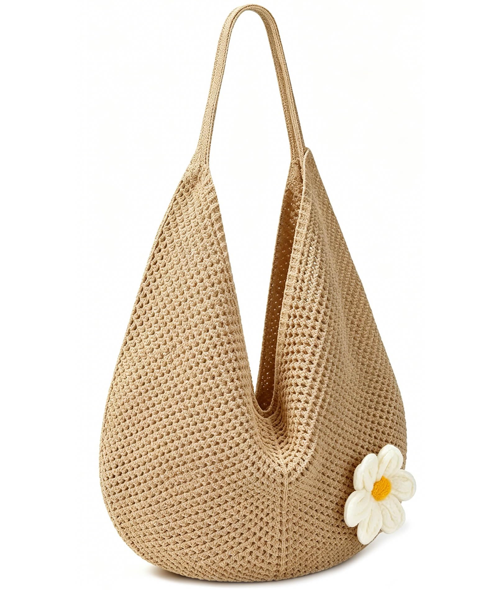 oyosonabymy Crochet Beach Bags for Women, Khaki Mesh Bag with Flower, Summer Beach Tote Bag for Women, Mesh Cute Beach Purse, Aesthetic Knit Bag Handbag Shoulder Bag for Holiday-picture-34
