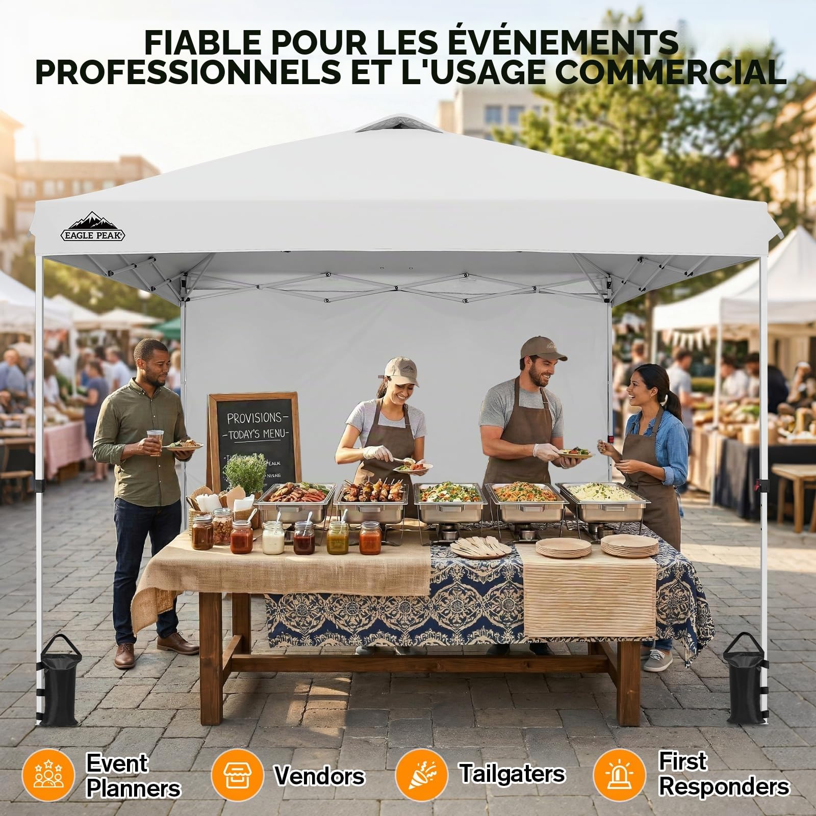EAGLE PEAK Auvent Commercial Pliable 3x3 m, Tente Abri Instantané avec 1 Paroi Latérale, Robuste et Facile à Installer, Protection Solaire Extérieure pour Marchands et Marchés, Blanc