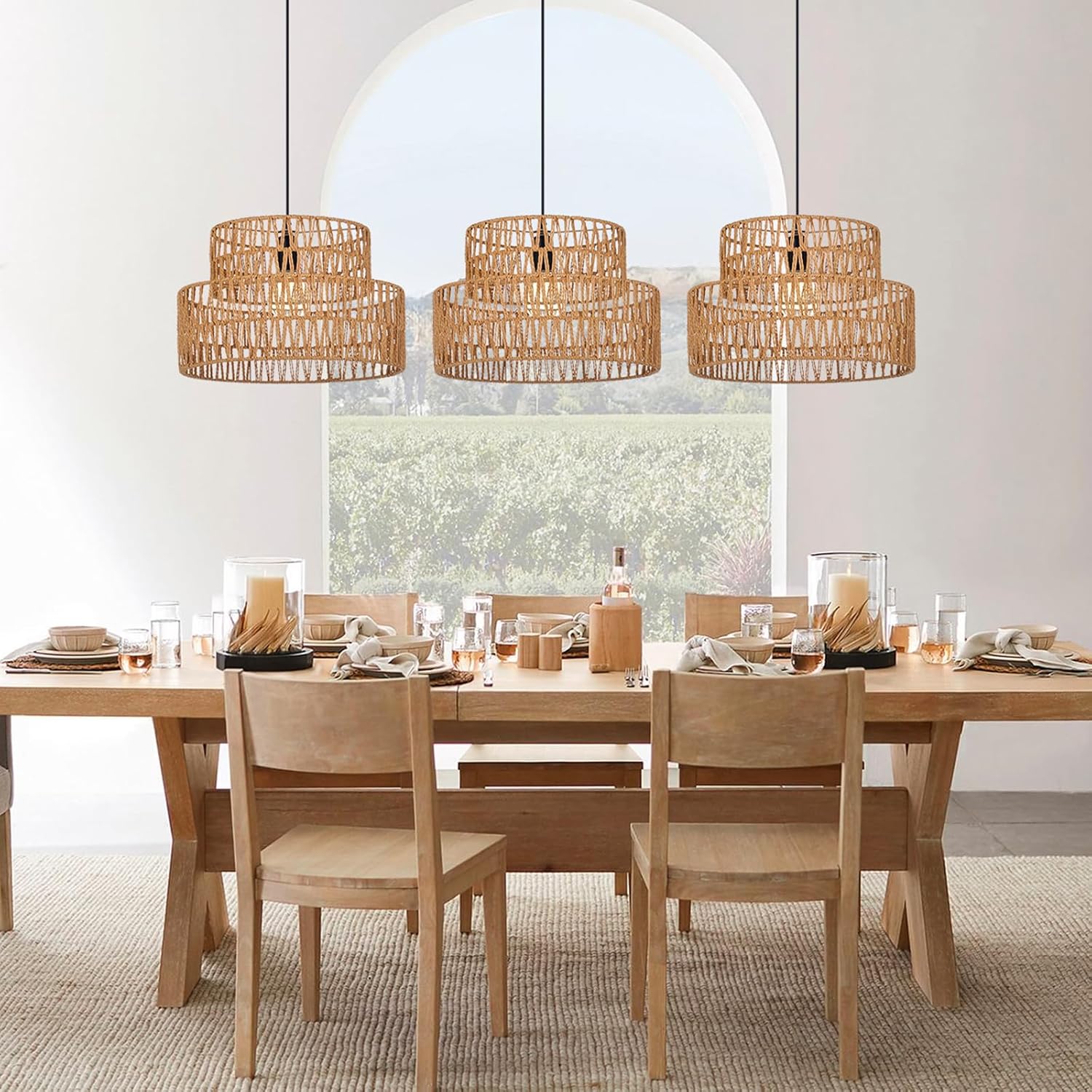 Arturesthome Coastal Woven Pendant Light Fixture 1 Light Adjustable Rattan Pendant Lighting for Kitchen Island Sink Dining Room D 15.7"*9.8"