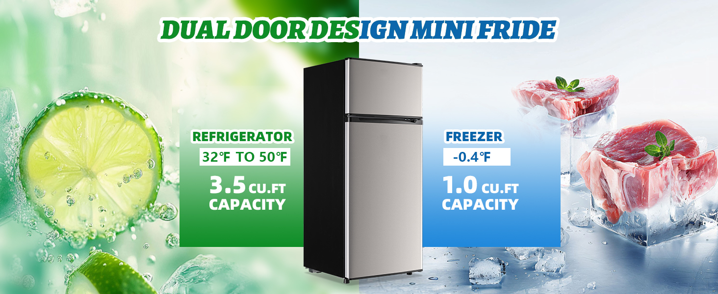 DEMULELR 4.5Cu.ft Refrigerator with Freezer Two Door Fridge with Removable Glass Shelves, Crisper Drawer & Extra Drink Space, LED Light, Apartment Size Fridge for Dorm Silver - Image 8