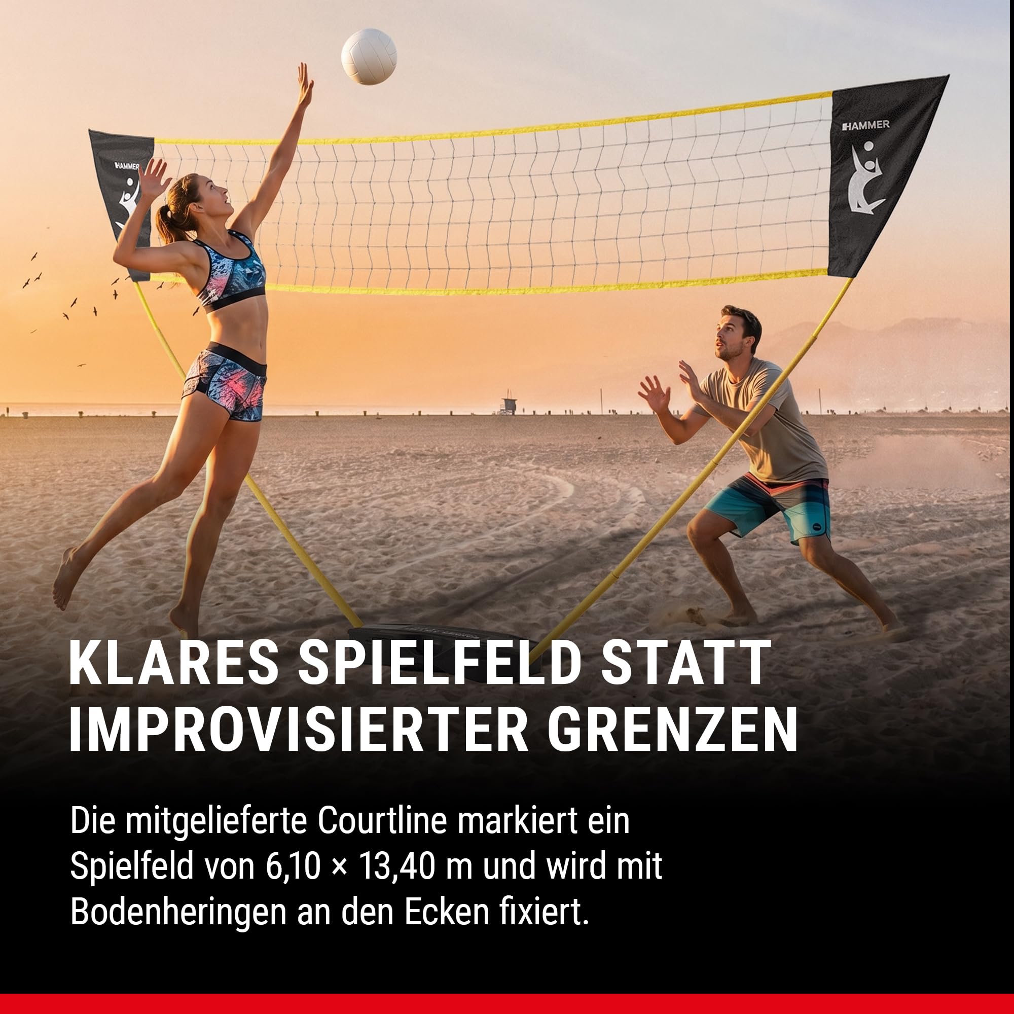 HAMMER Volleyball Netz Set - Volleyball-Set mit Tragekoffer, Pfostenständer, Courtline und Bodenheringe, Leichter Aufbau, Volleyball-Zubehör Spaß für jung und alt