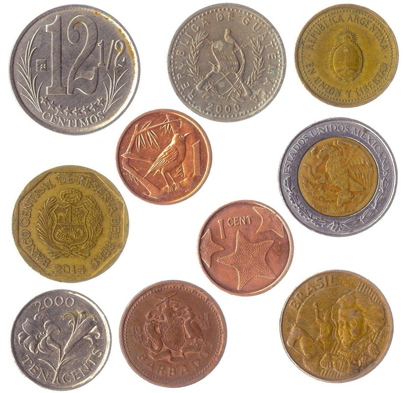 10 Different Coin Collection from the Americas - Collectible World Currency - Tropical Plants and Animals - Historic Latin American and Caribbean Coins