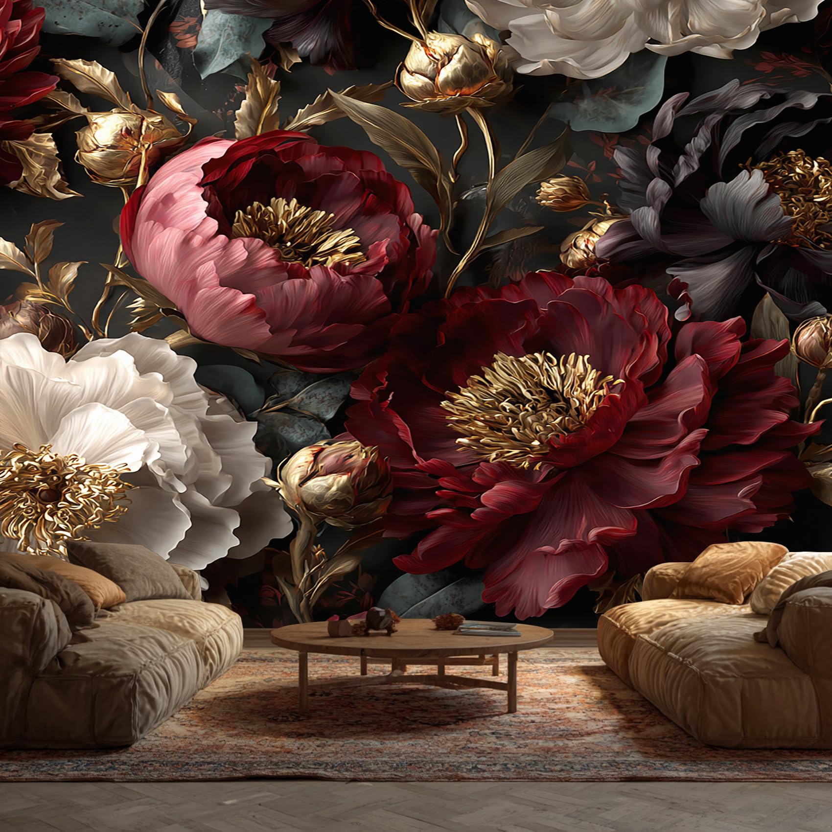 Moody Peony Wallpaper, Dark Victorian Floral Wallpaper for Living Room, Bedroom, Non-Woven Decor Wall Paper, Photo Dining Room, Hallway, Lounge, Mural Large 3D Home Decor 450 x 315 cm d105