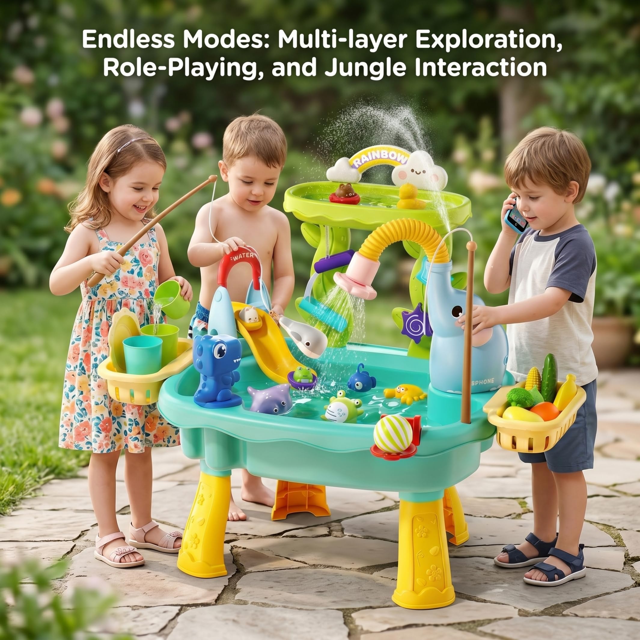 Évier de Jeu avec Eau Courante, Table à Eau pour Enfants avec 12 Modes de Jeu Amusants, Jouet interactif pour Tout-Petits - Bleu