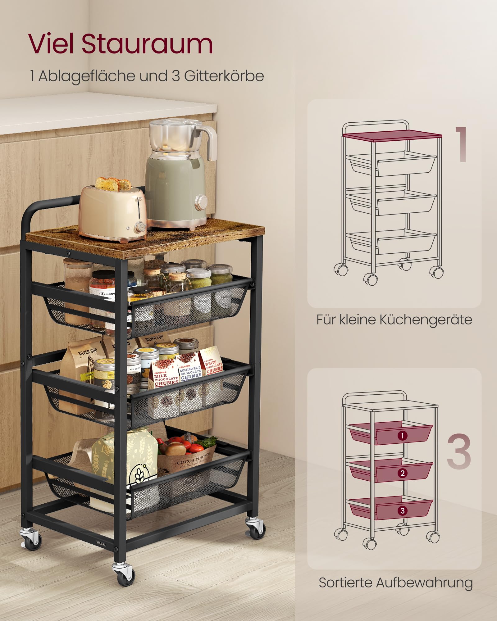 VASAGLE Sevierwagen mit 4 Ebenen, Rollwagen mit herausziehbaren Körben, Küchenregal auf Rollen, Griff, 31,7 x 40 x 76 cm, vintagebraun-tintenschwarz LRC040K01